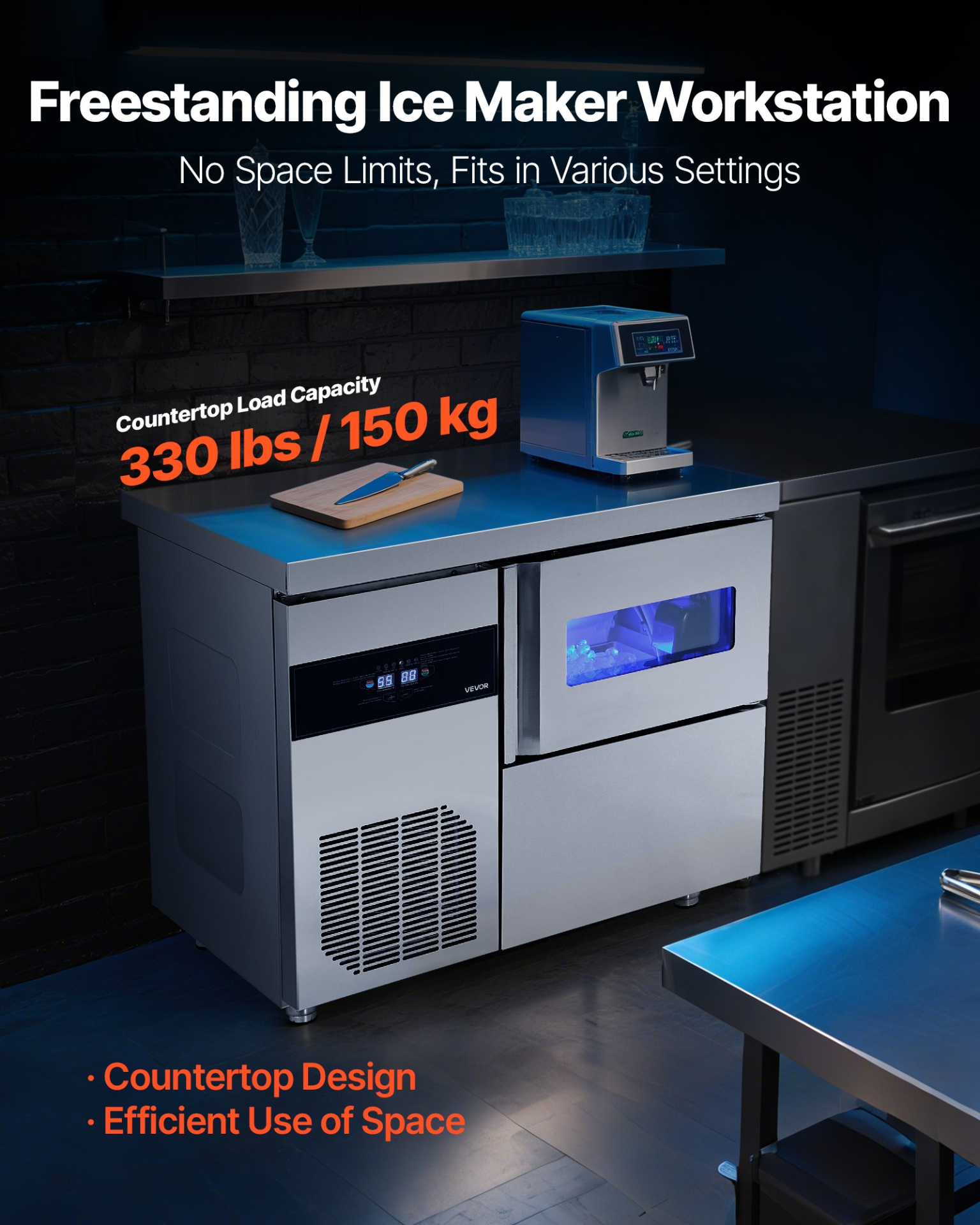 132lb/24H Commercial Ice Maker 30lb Bin 70 Cubes SS Worktop Clean