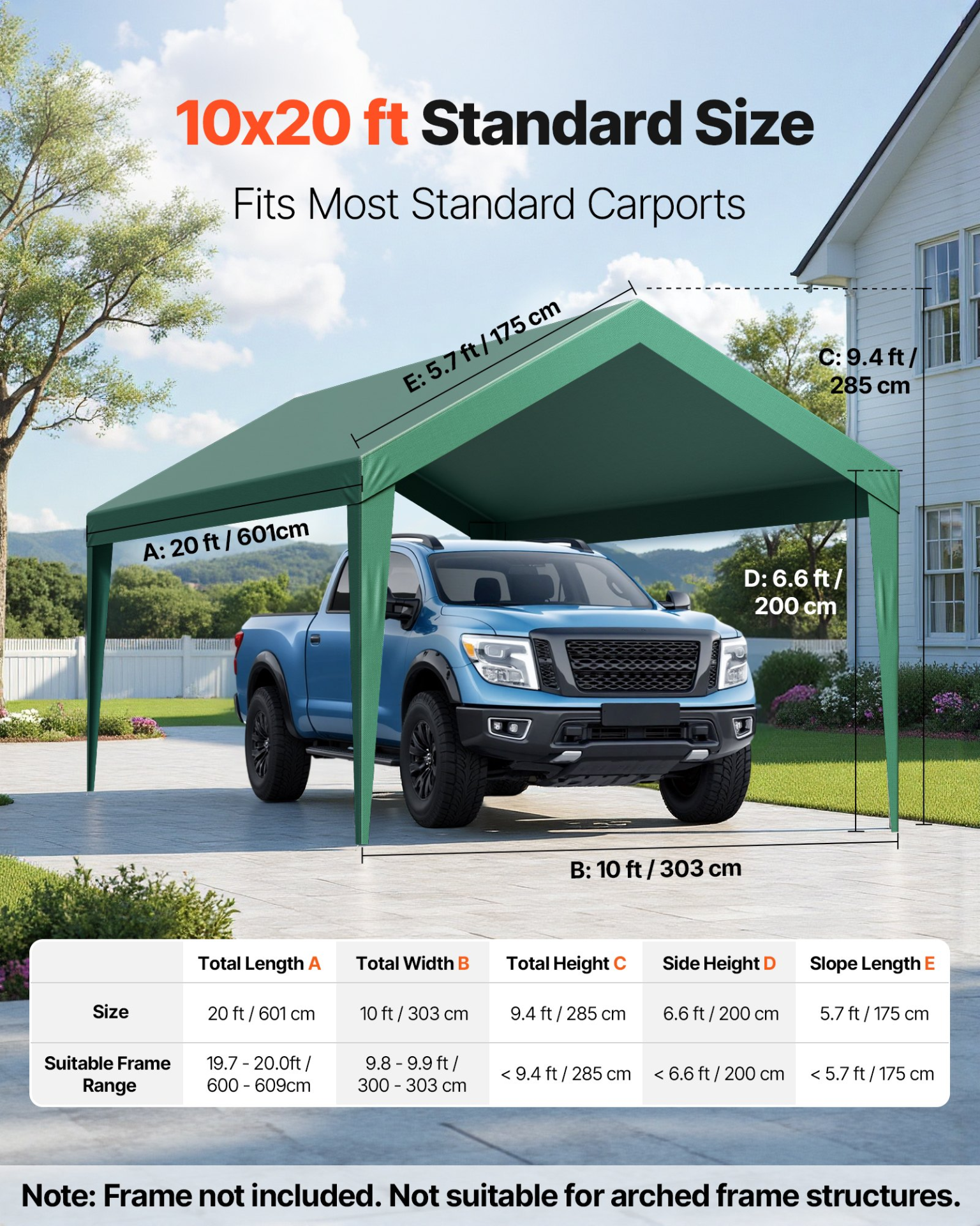 VEVOR 10x20 ft Carport Canopy Replacement Cover, Dark Green