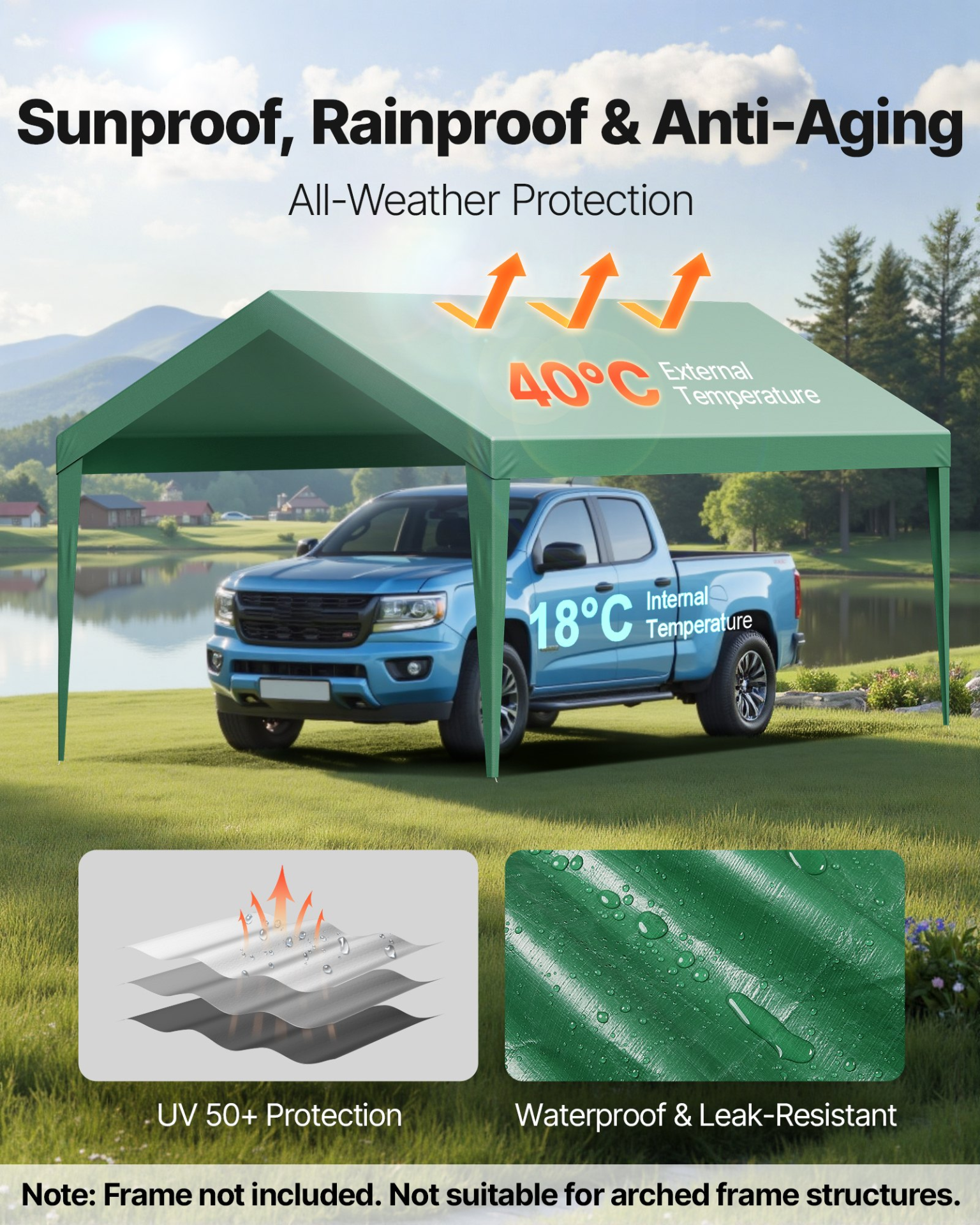 VEVOR 10x20 ft Carport Canopy Replacement Cover, Dark Green