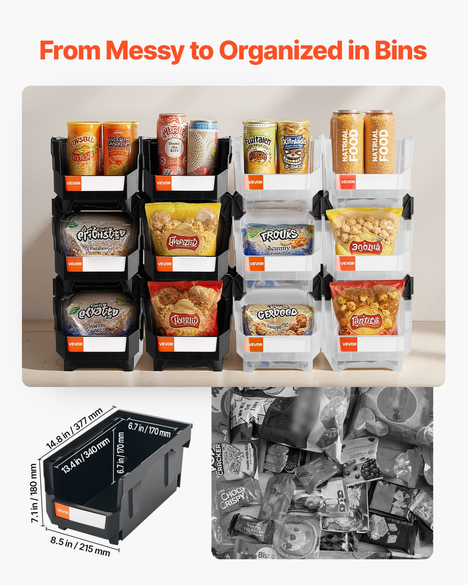 VEVOR 12-Pack Stackable Bins | Black & Clear Mix | Organize Garage