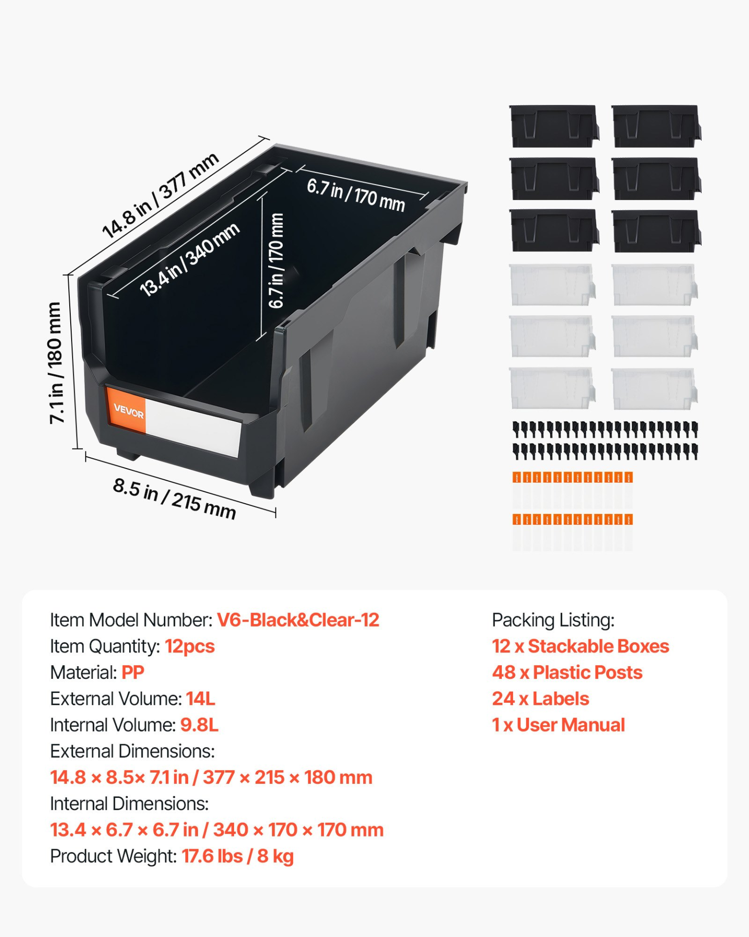 VEVOR 12-Pack Stackable Bins | Black & Clear Mix | Organize Garage