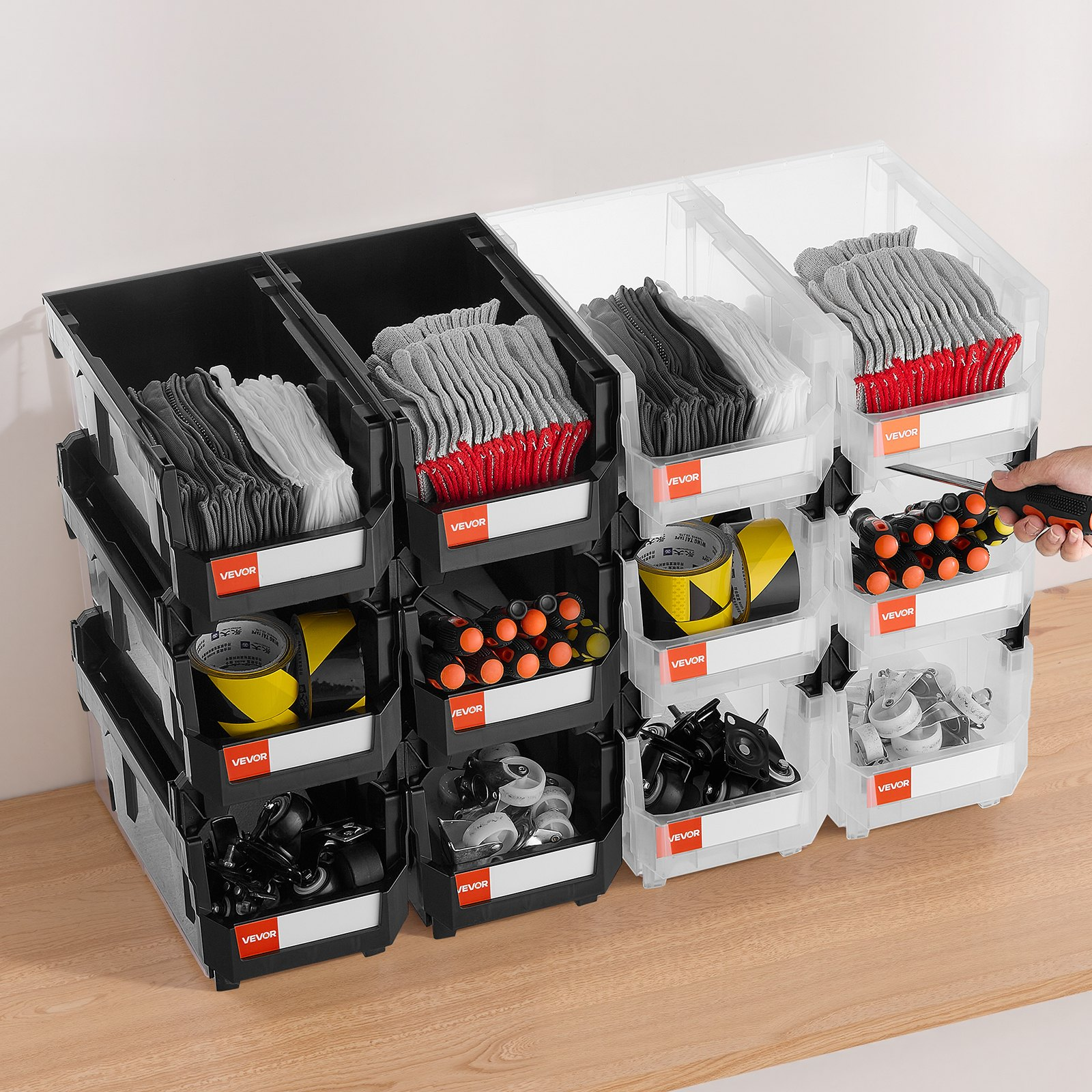 VEVOR 12-Pack Stackable Bins | Black & Clear Mix | Organize Garage