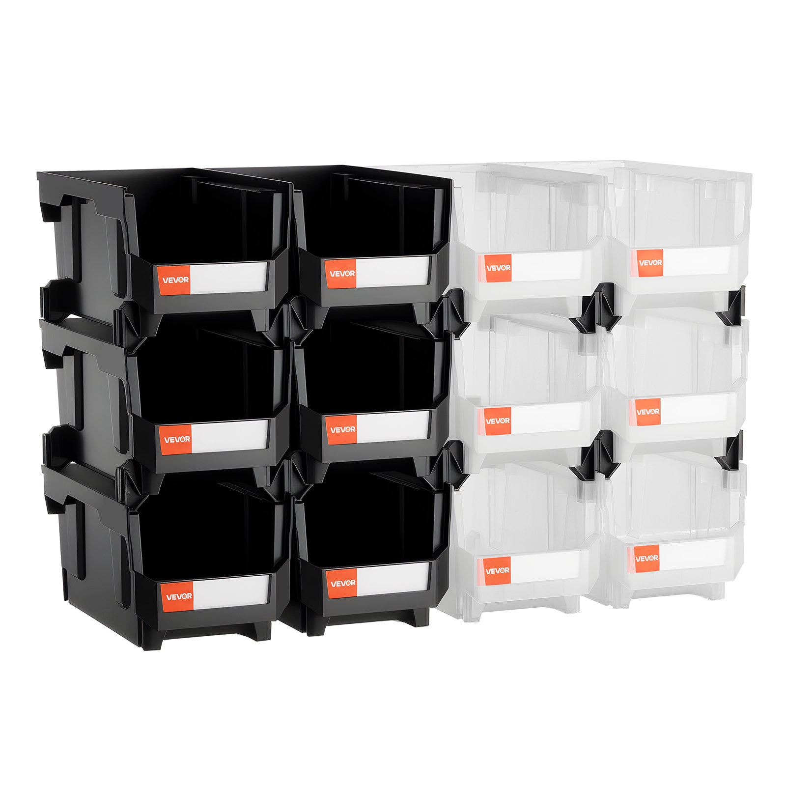 VEVOR 12-Pack Stackable Bins | Black & Clear Mix | Organize Garage
