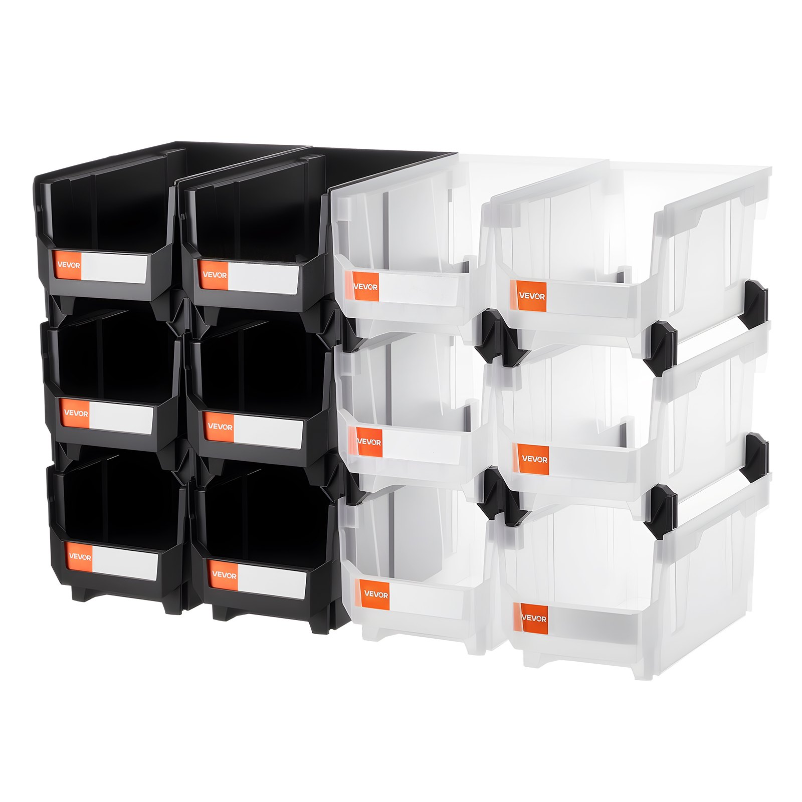 VEVOR 12-Pack Stackable Bins | Black & Clear Mix | Organize Garage