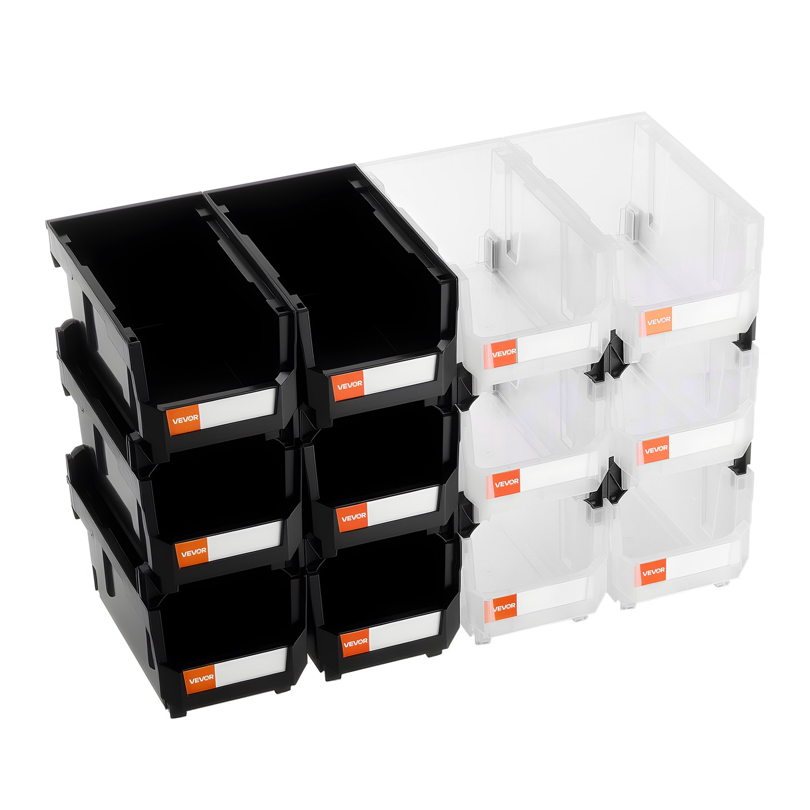VEVOR 12-Pack Stackable Bins | Black & Clear Mix | Organize Garage