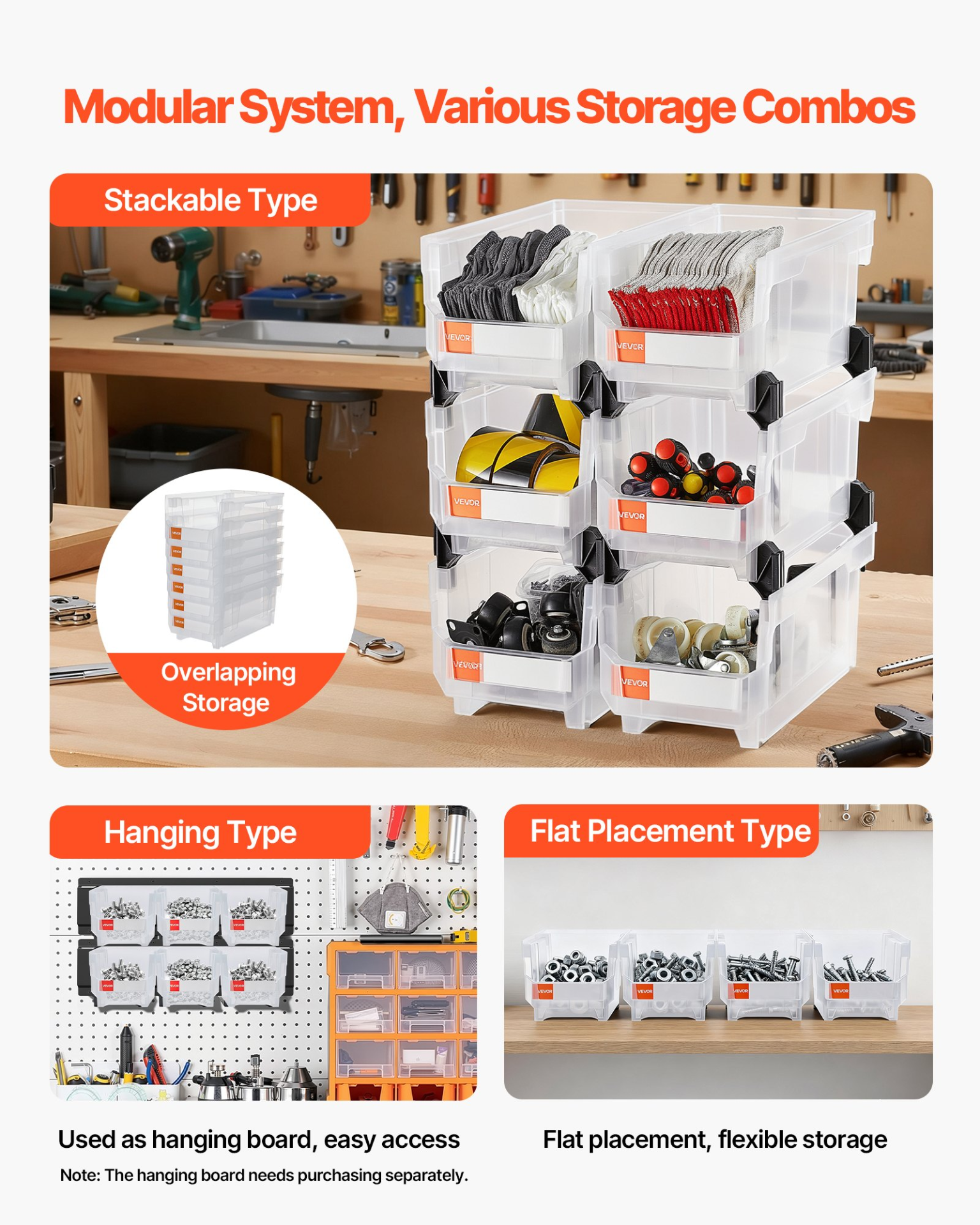 VEVOR 6-Pack Stackable Bins | 14.8" Clear Storage Containers | Organize