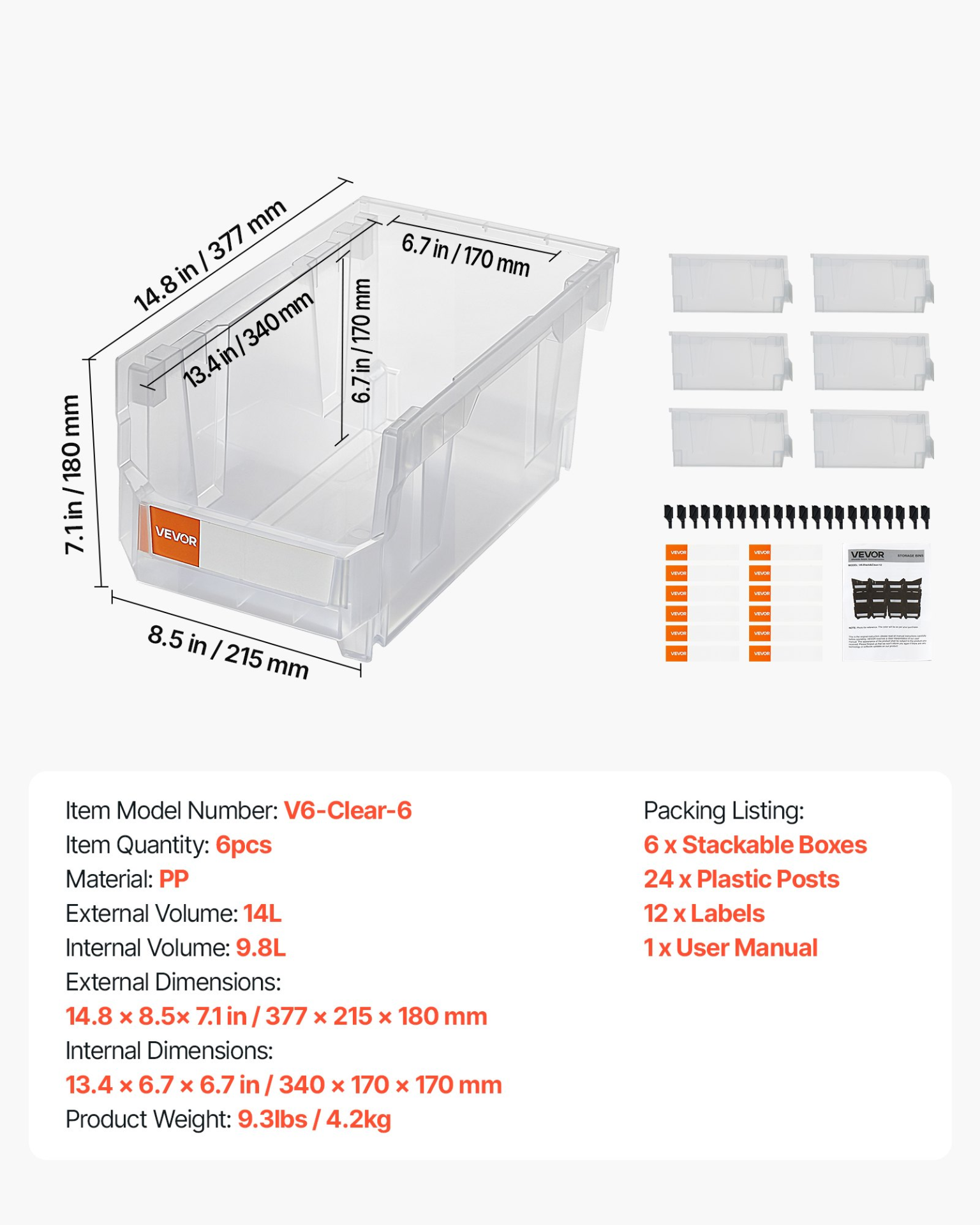VEVOR 6-Pack Stackable Bins | 14.8" Clear Storage Containers | Organize