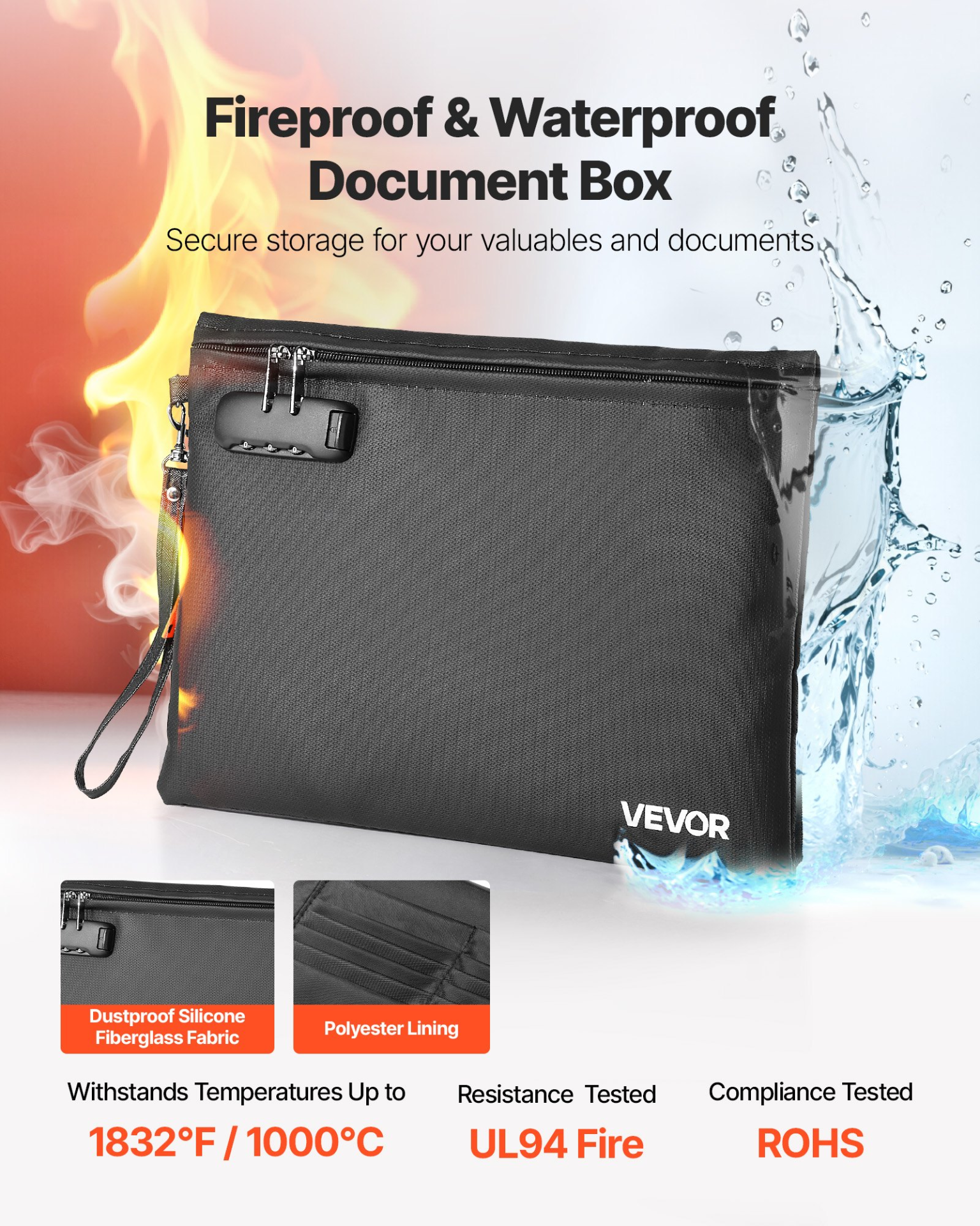 Fireproof Document Bag with Lock, Fire & Waterproof File Storage Organizer