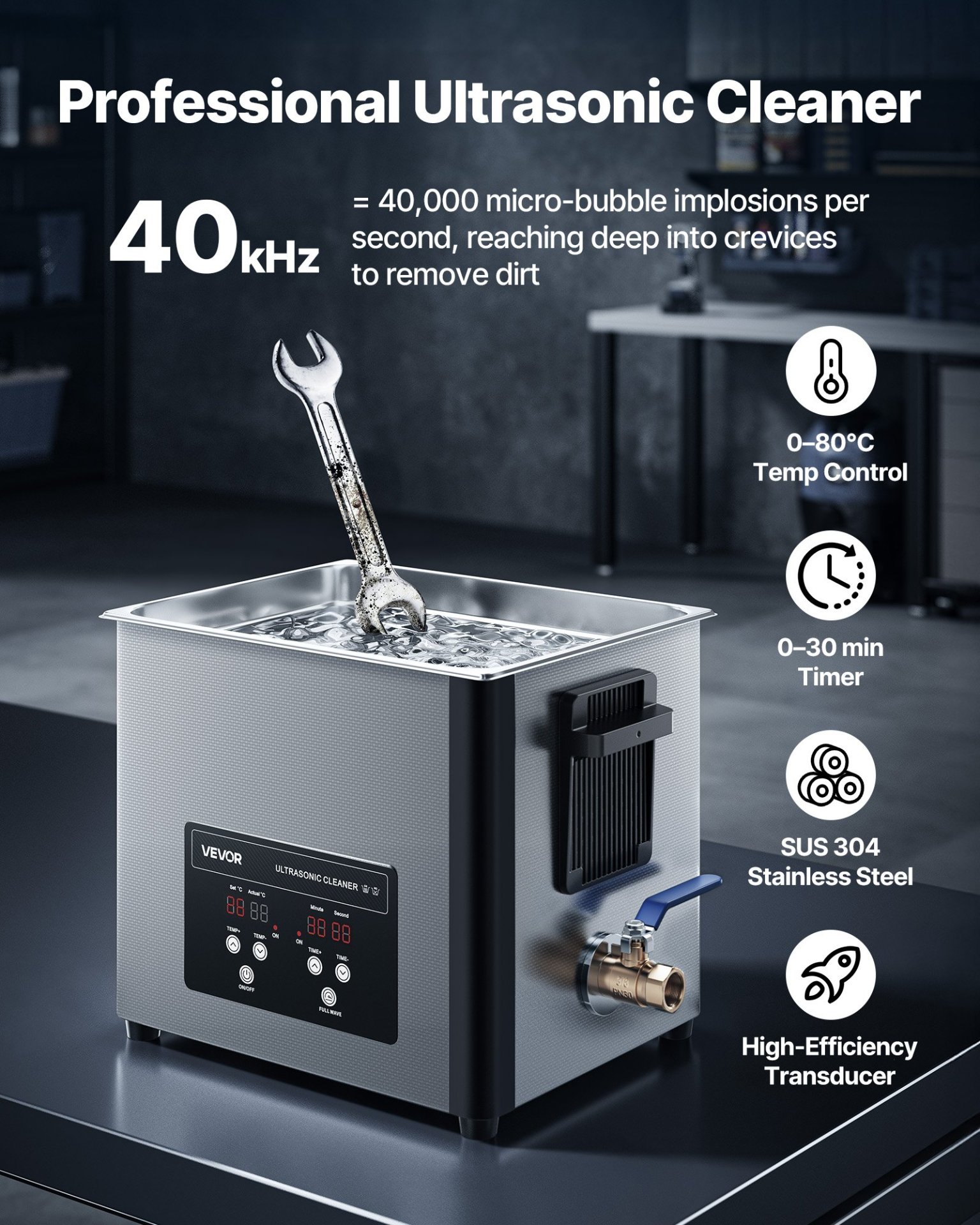 Ultrasonic Cleaner 10L – Digital Display, Stainless Steel w/ Basket, VEVOR