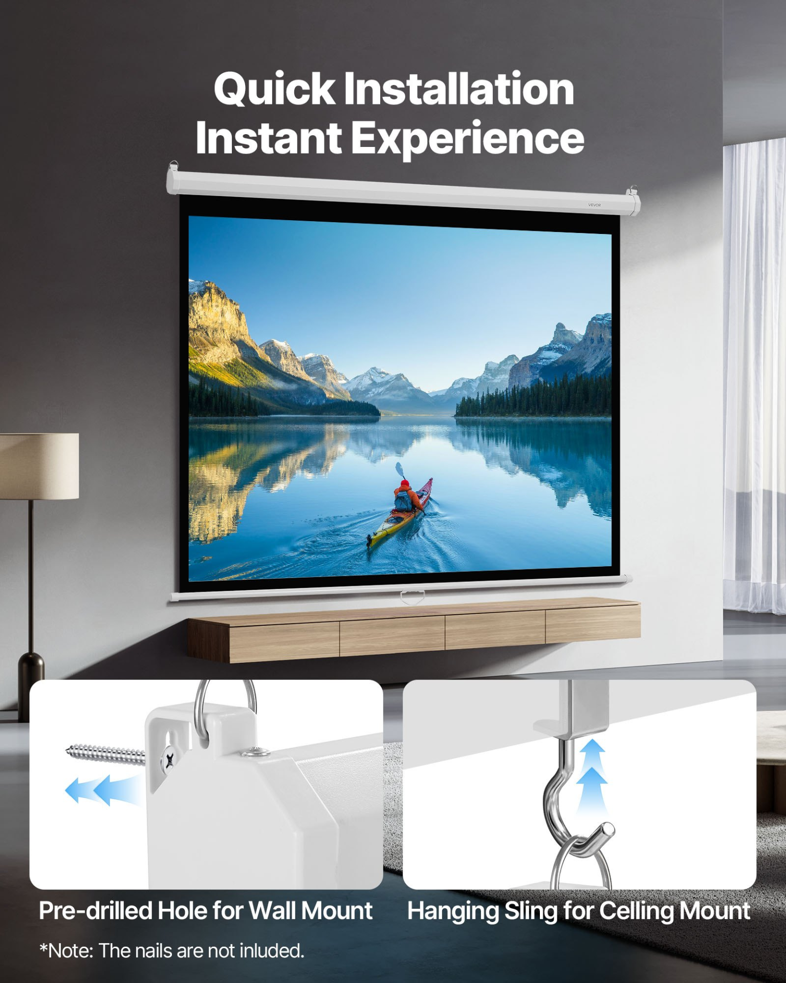 VEVOR 72" Manual Pull Down Projector Screen, 4K/HD Wall Mount, 4:3