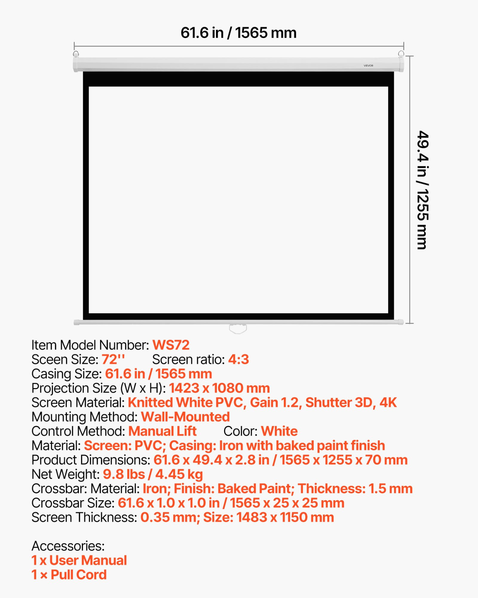 VEVOR 72" Manual Pull Down Projector Screen, 4K/HD Wall Mount, 4:3