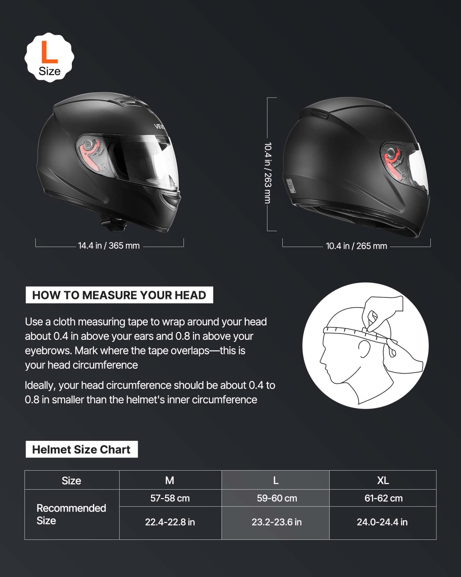 VEVOR Full Face Motorcycle Helmet, DOT, Dual Visor, Detachable Liner, L