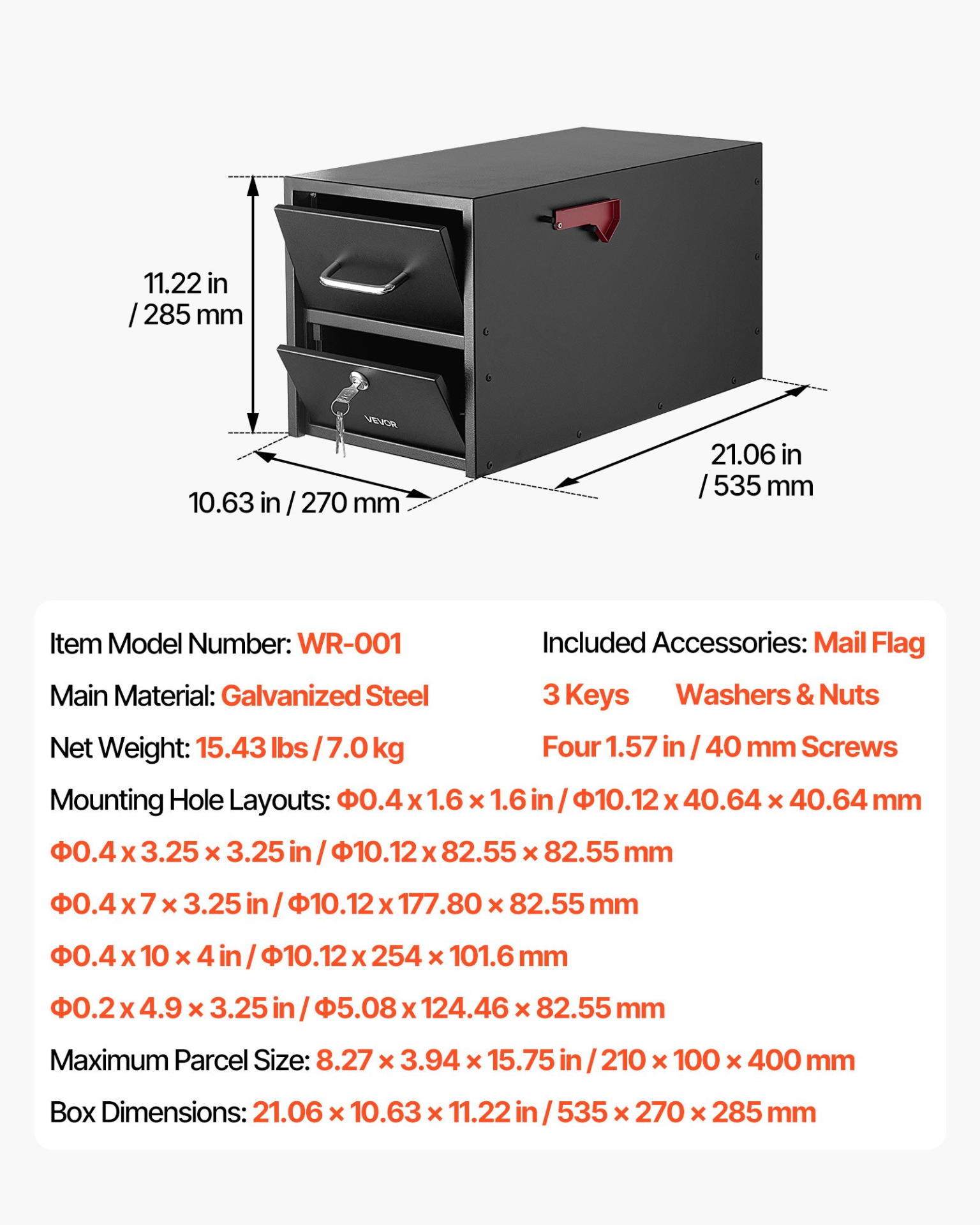 VEVOR Lockable Anti-Theft Mailbox, Heavy Duty Post Mount, 21x11 in