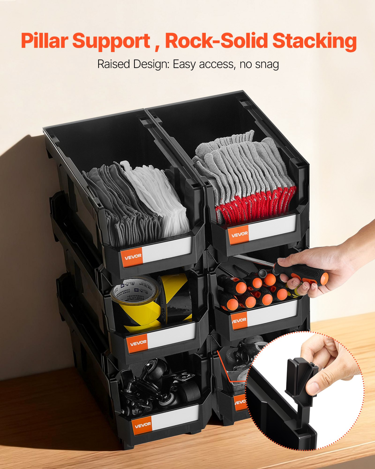 VEVOR 6-Pack Stackable Storage Bins, 14.8x8.5x7.1", Black