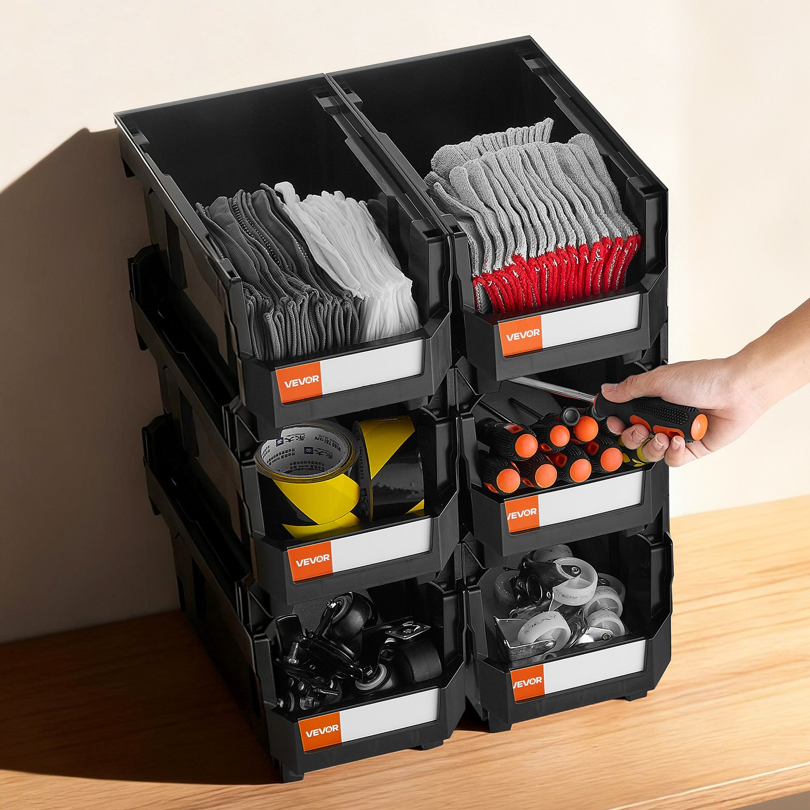 VEVOR 6-Pack Stackable Storage Bins, 14.8x8.5x7.1", Black