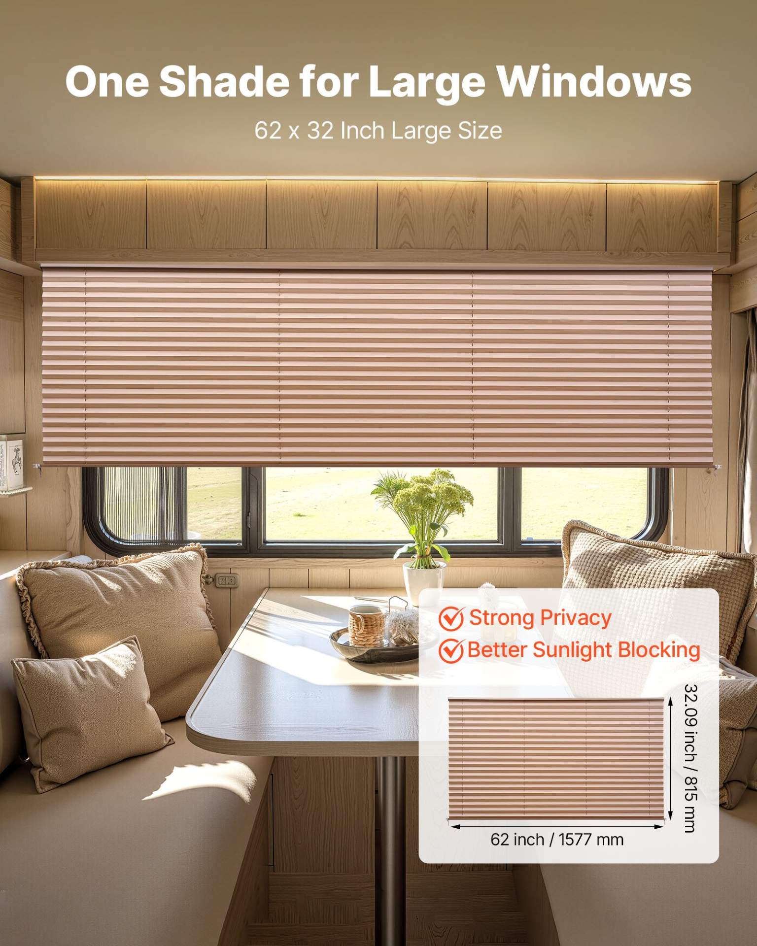 RV Blinds 62×32 in Pleated Shades, Sun Blocking Privacy Shades for Camper