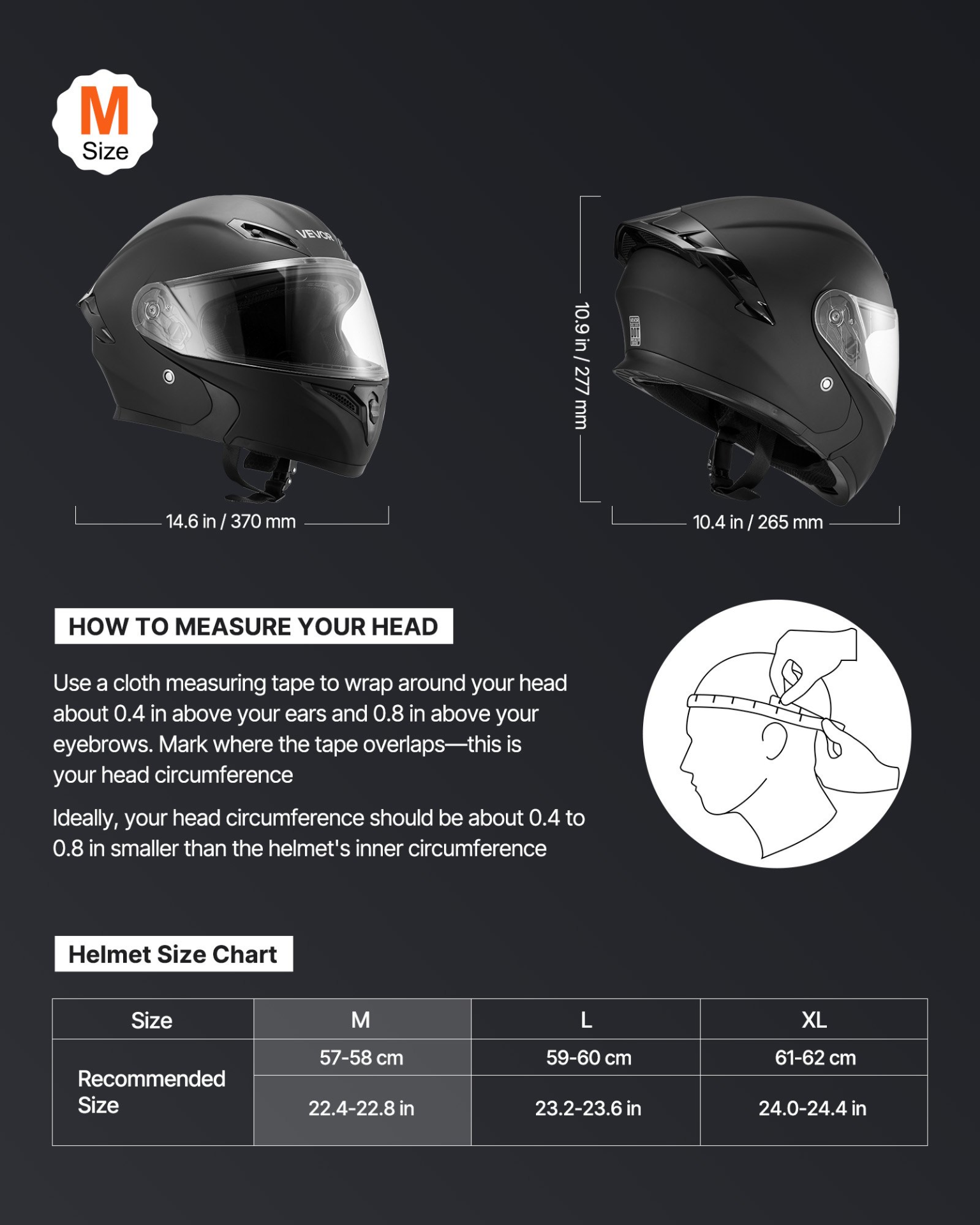 VEVOR Modular Motorcycle Helmet, DOT, Flip-Up, Matte Black, M