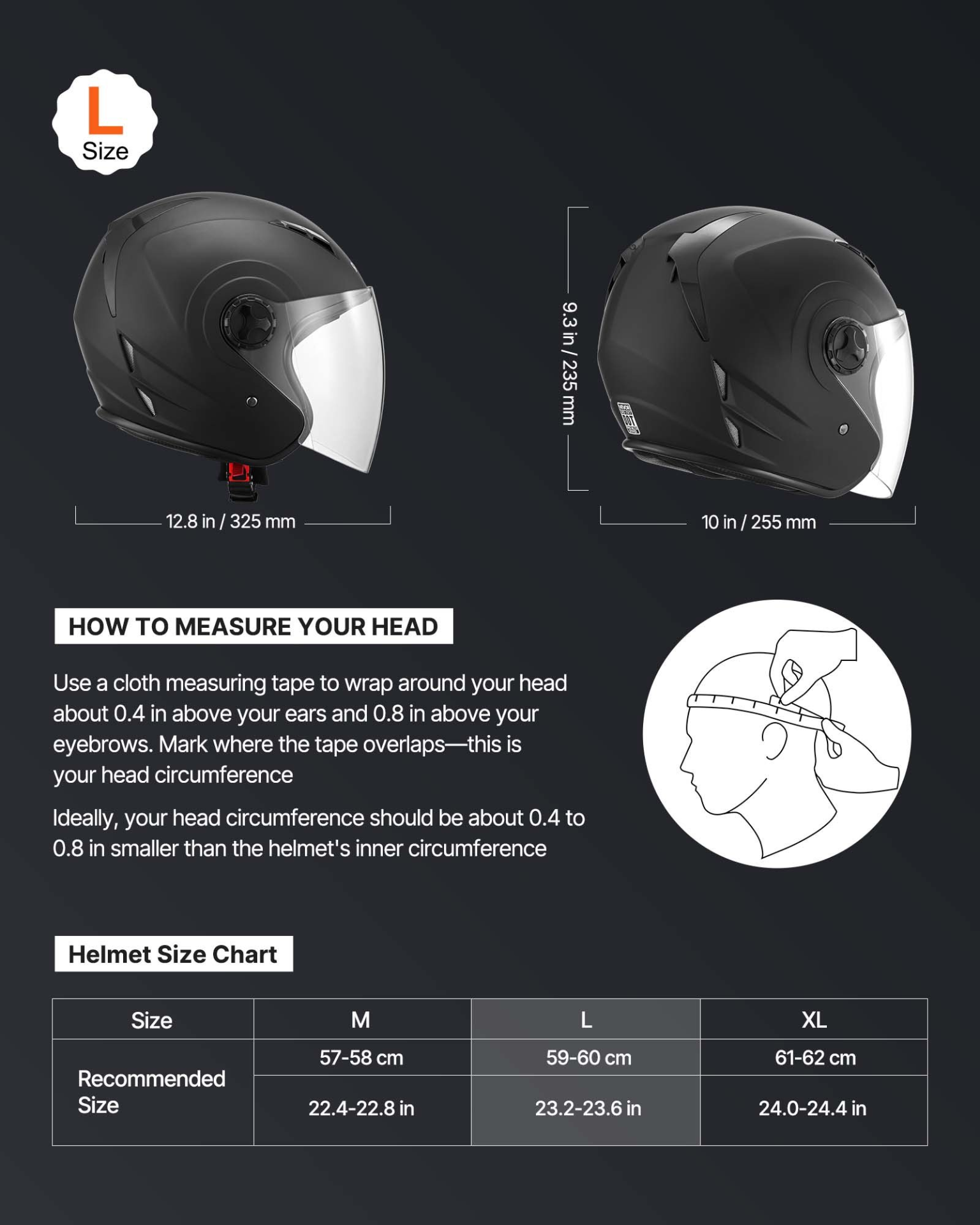 VEVOR 3/4 Open Face Motorcycle Helmet, DOT Approved, Matte Black, L