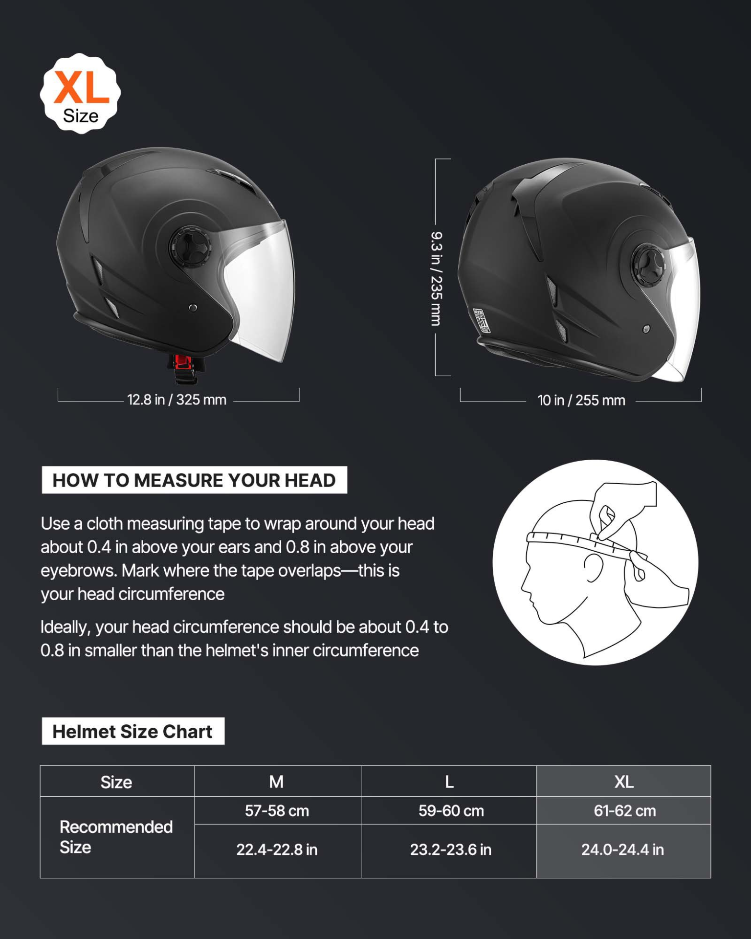 VEVOR 3/4 Open Face Motorcycle Helmet, DOT Approved, Matte Black, XL