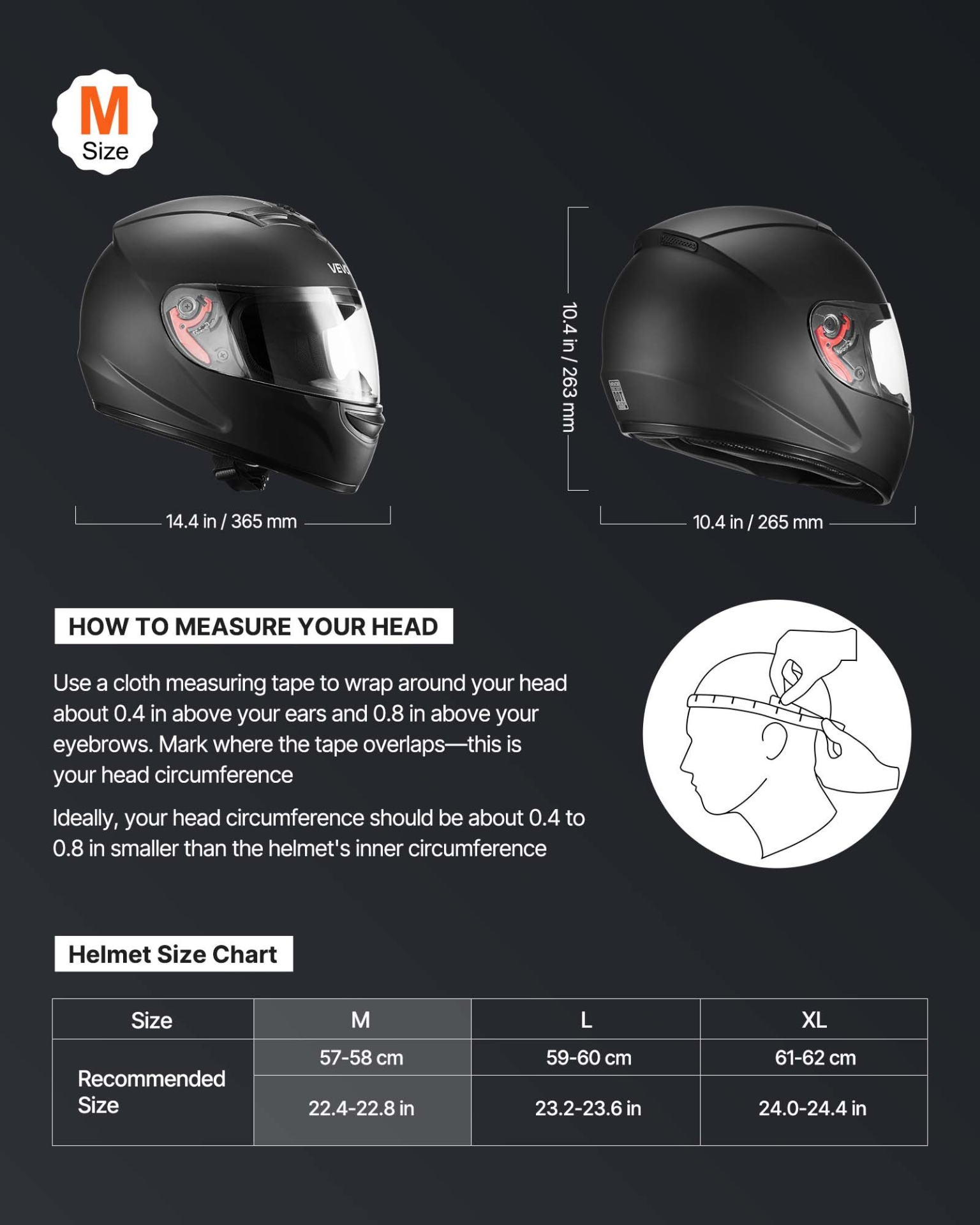 VEVOR Full Face Motorcycle Helmet, DOT, Dual Visor, Matte Black, M