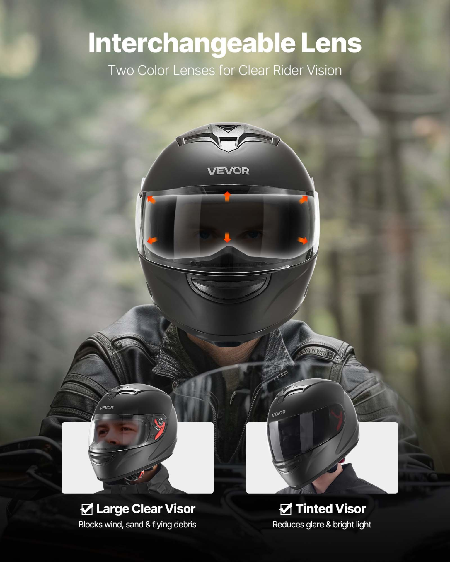 VEVOR Full Face Motorcycle Helmet, DOT, Dual Visor, Matte Black, M