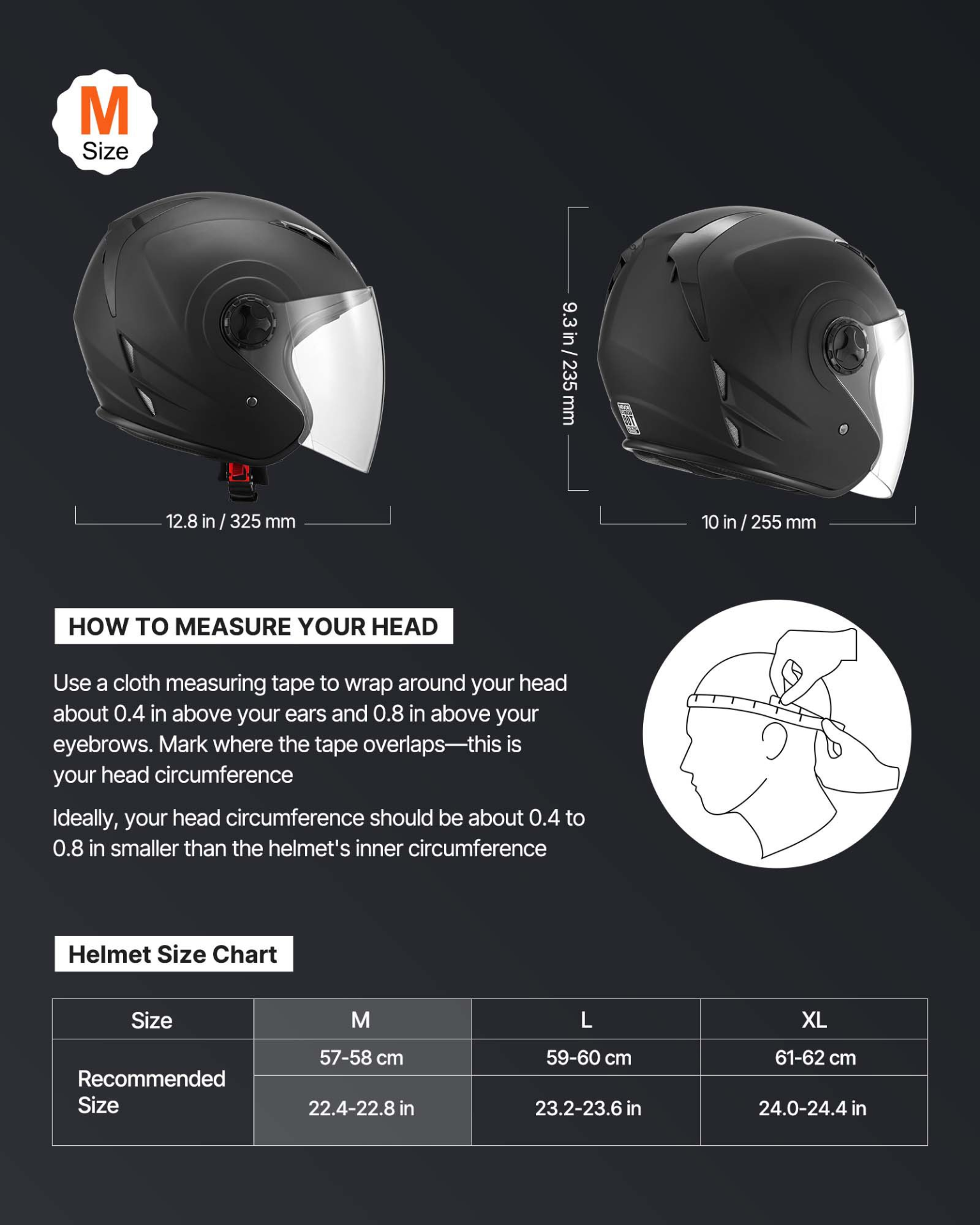 VEVOR 3/4 Open Face Motorcycle Helmet, DOT Approved, Matte Black, M