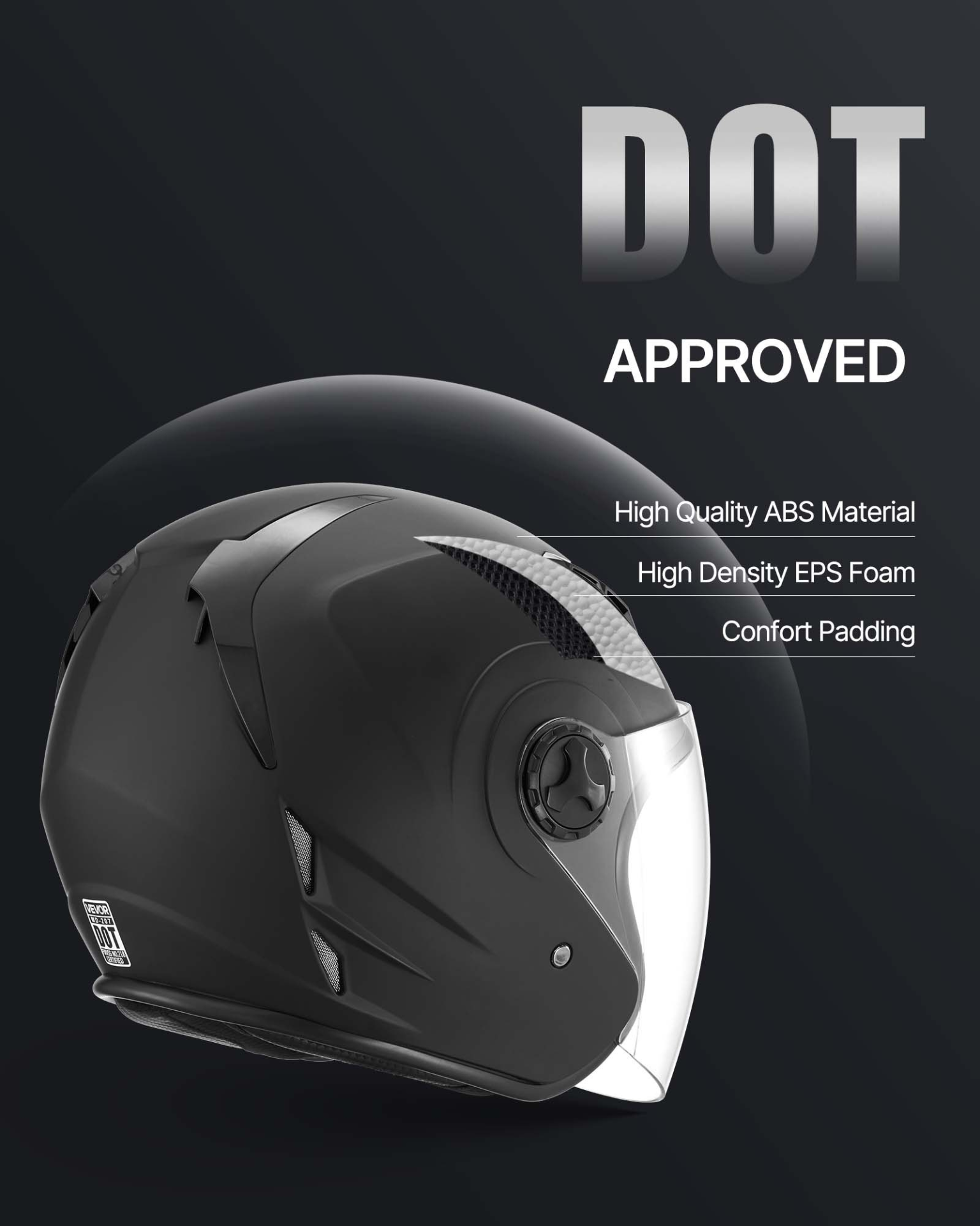 VEVOR 3/4 Open Face Motorcycle Helmet, DOT Approved, Matte Black, M