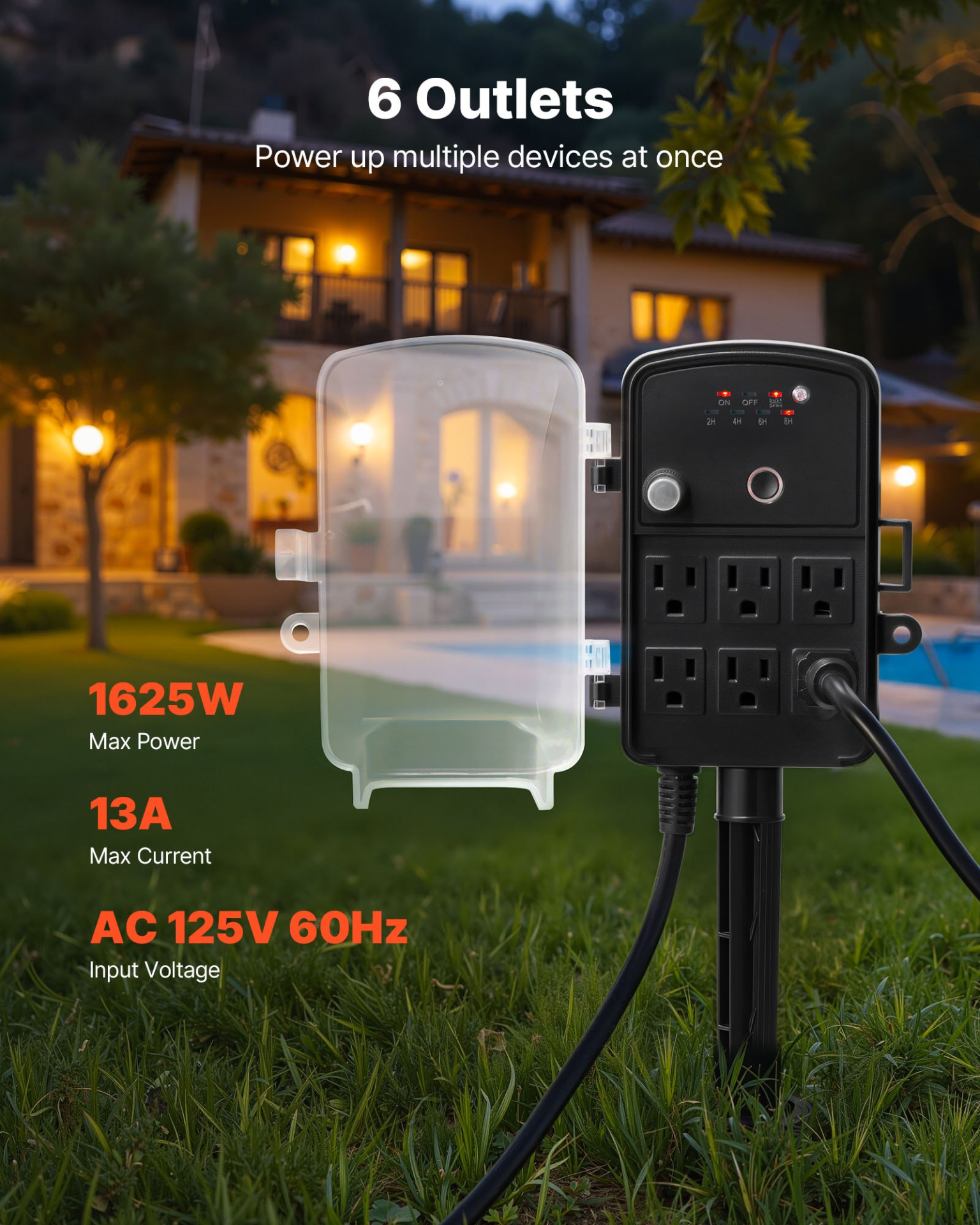 VEVOR 100FT Outdoor Power Stake, 6 Outlets w/ Remote Timer, Weatherproof