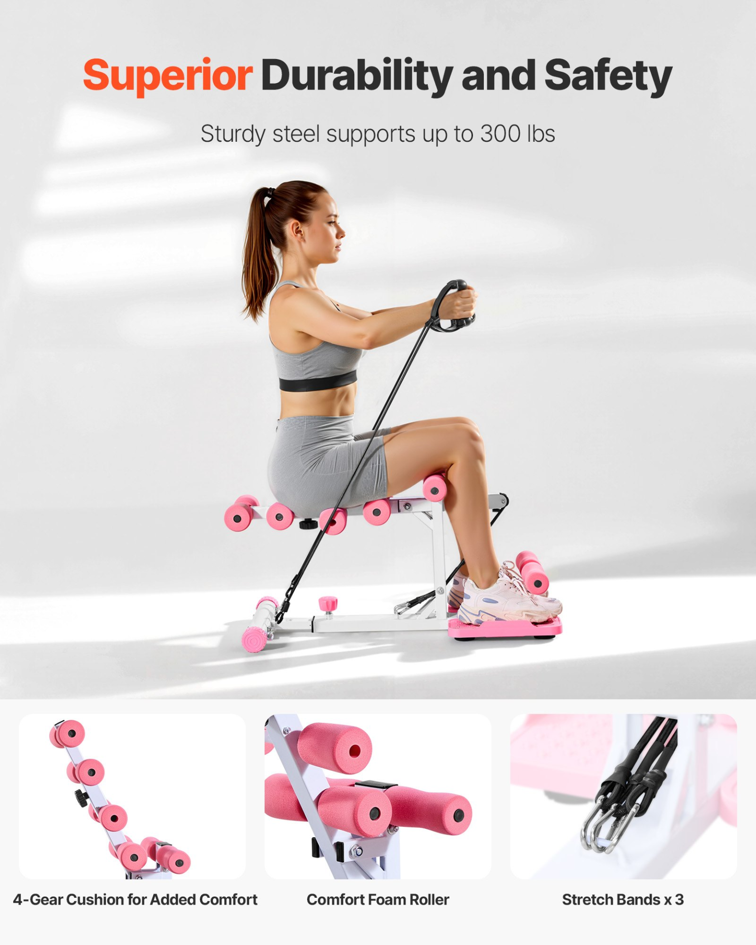 VEVOR Pink & White Deep Squat Machine, Glute Trainer with 3 Resistance Bands