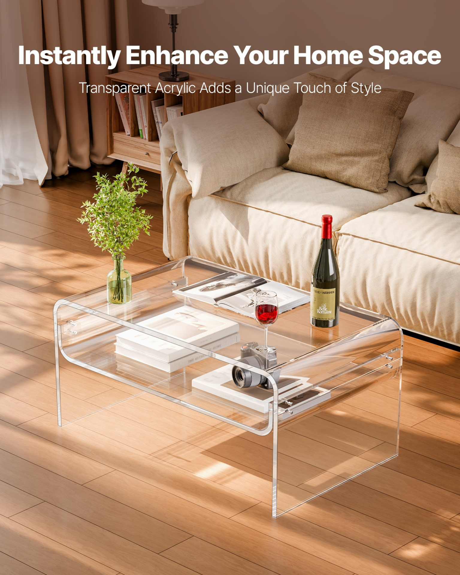 Acrylic Coffee Table, 19.7 x 31.5 x 15 in (Clear)