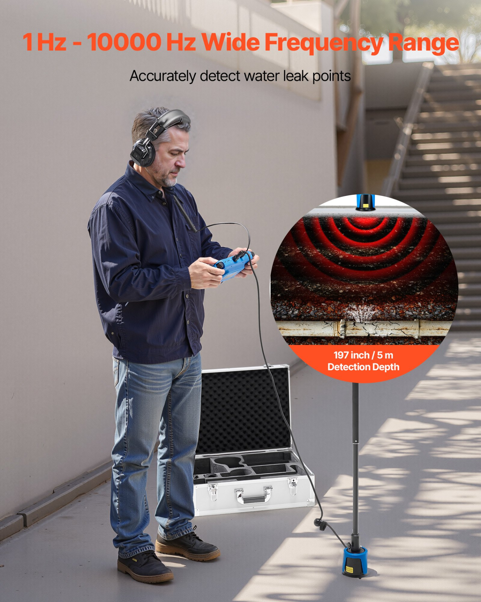 Pipe Water Leak Detector 1Hz–10kHz 7″ Touchscreen Underground Leak Locator Kit