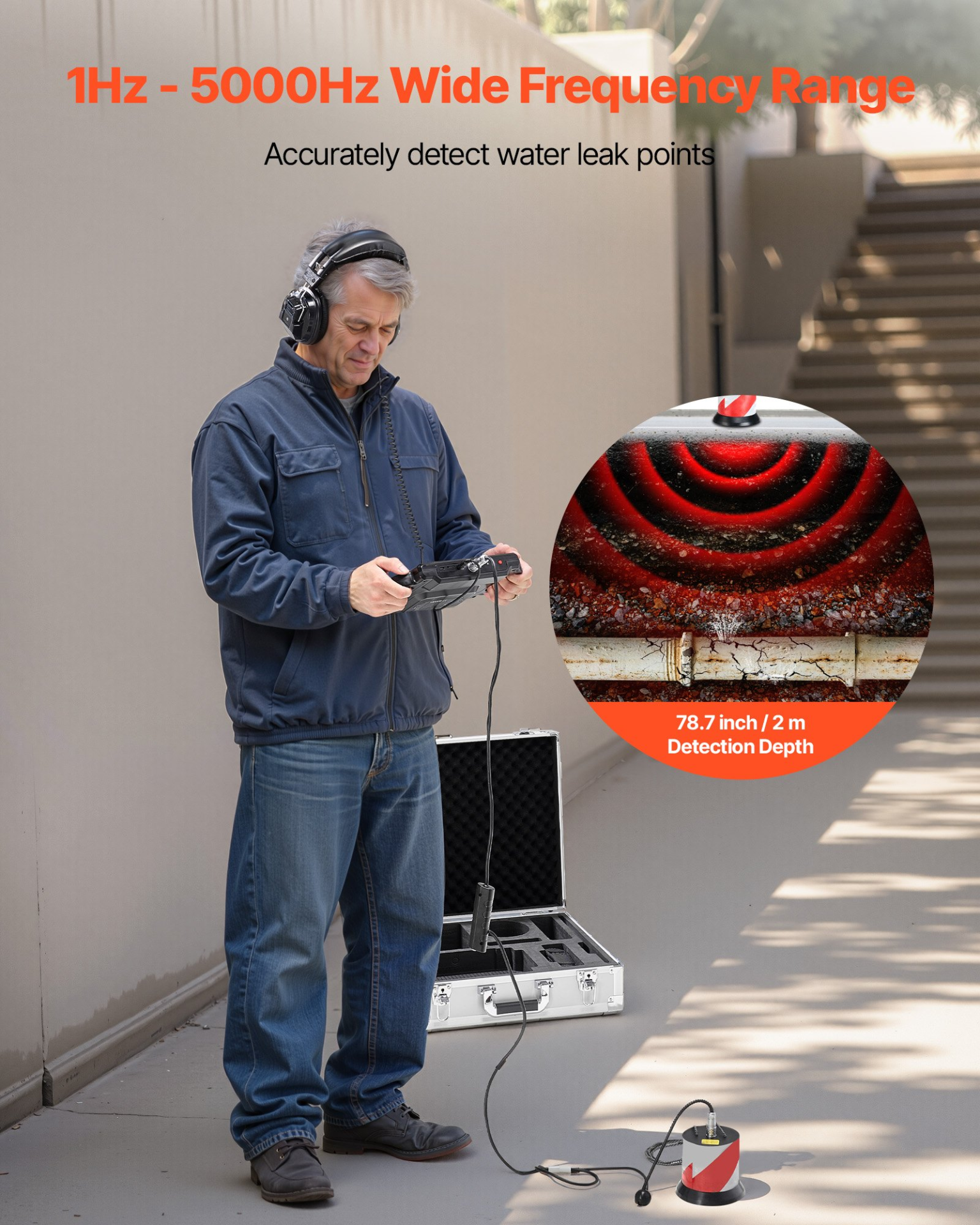 Pipe Water Leak Detector 1Hz–5kHz 7″ Touchscreen Underground Leak Locator w/Case