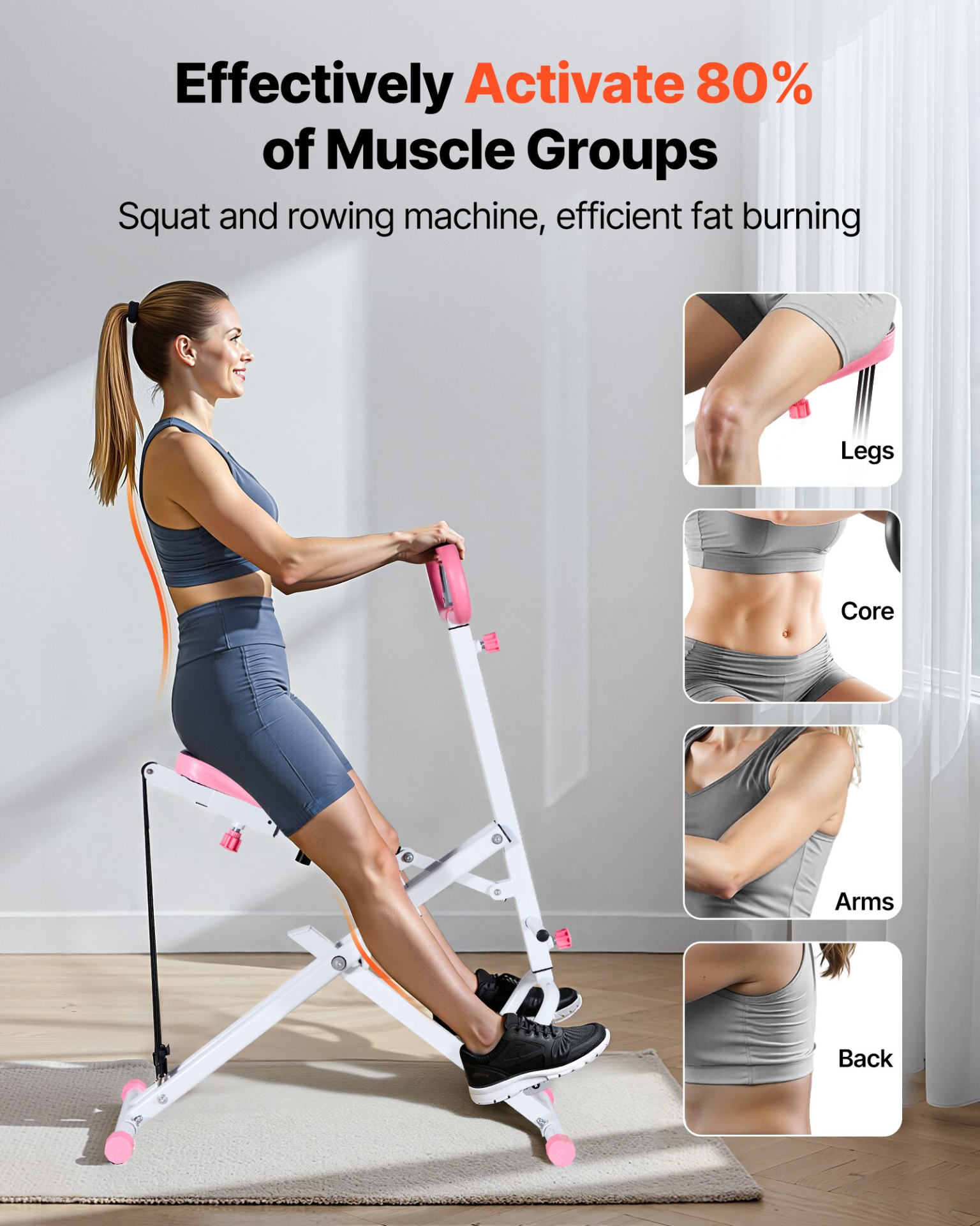 VEVOR White Squat & Rowing Machine, 3 Resistance Bands, Foldable Glute Trainer