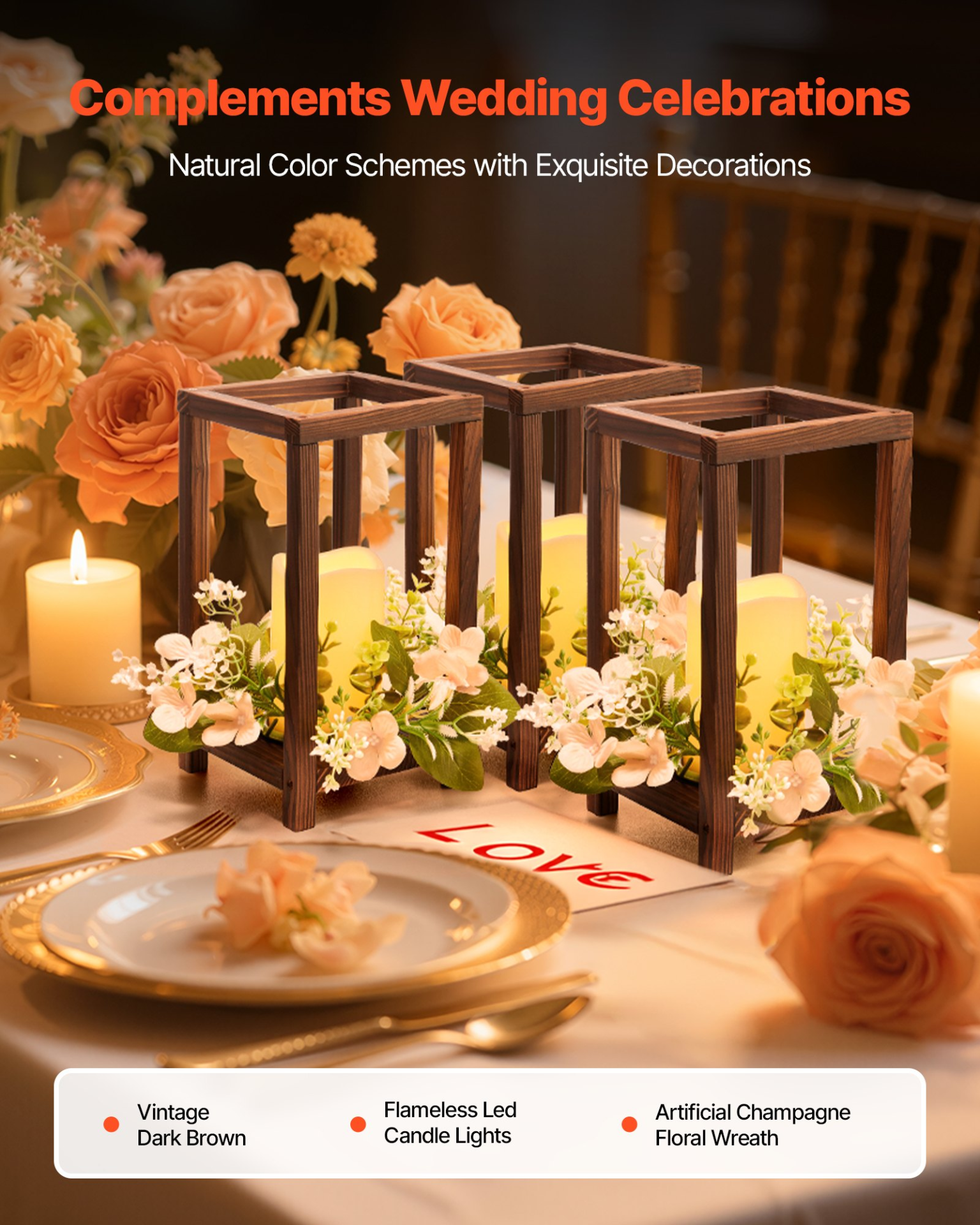 VEVOR 20-Pc Wedding Lantern Set w/ LED Candles & Wreaths, Brown