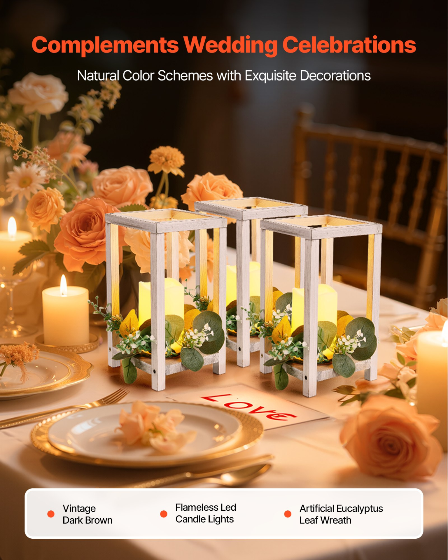 VEVOR 12-Pc White Wedding Lantern Set w/ LED Candles & Eucalyptus