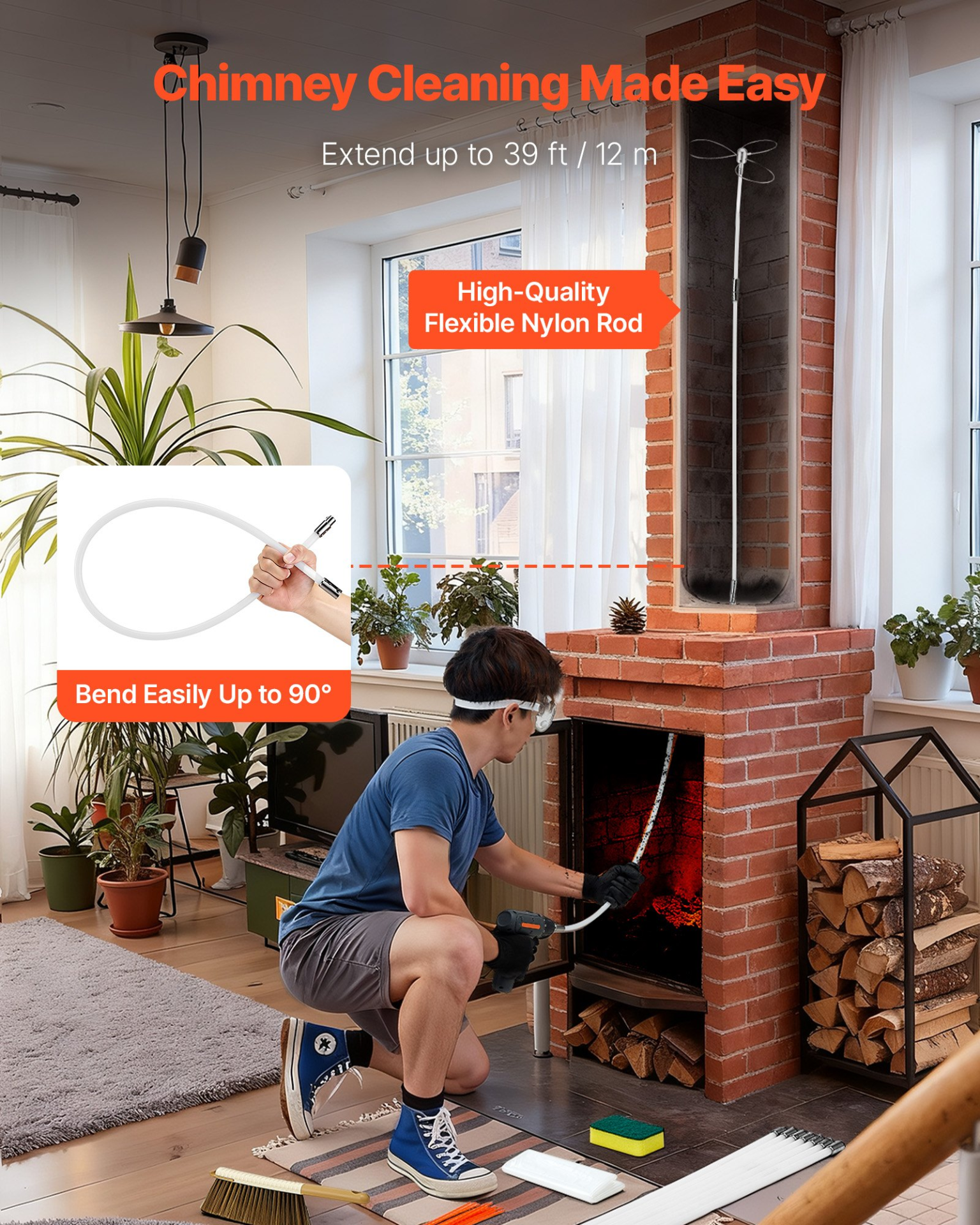 VEVOR 39ft Chimney Sweep Kit w/Dual Brushes, for Square & Rectangle Flues