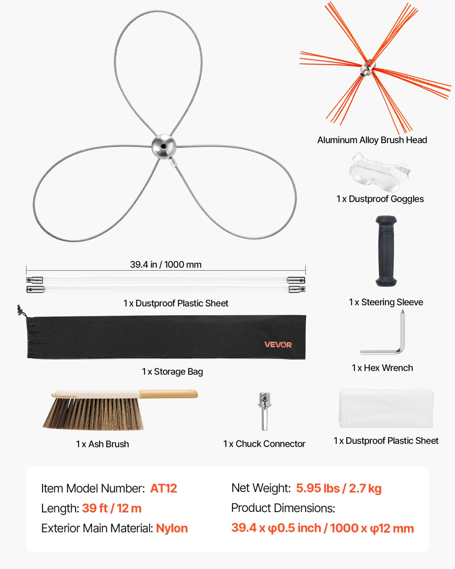 VEVOR 39ft Chimney Sweep Kit w/Dual Brushes, for Square & Rectangle Flues