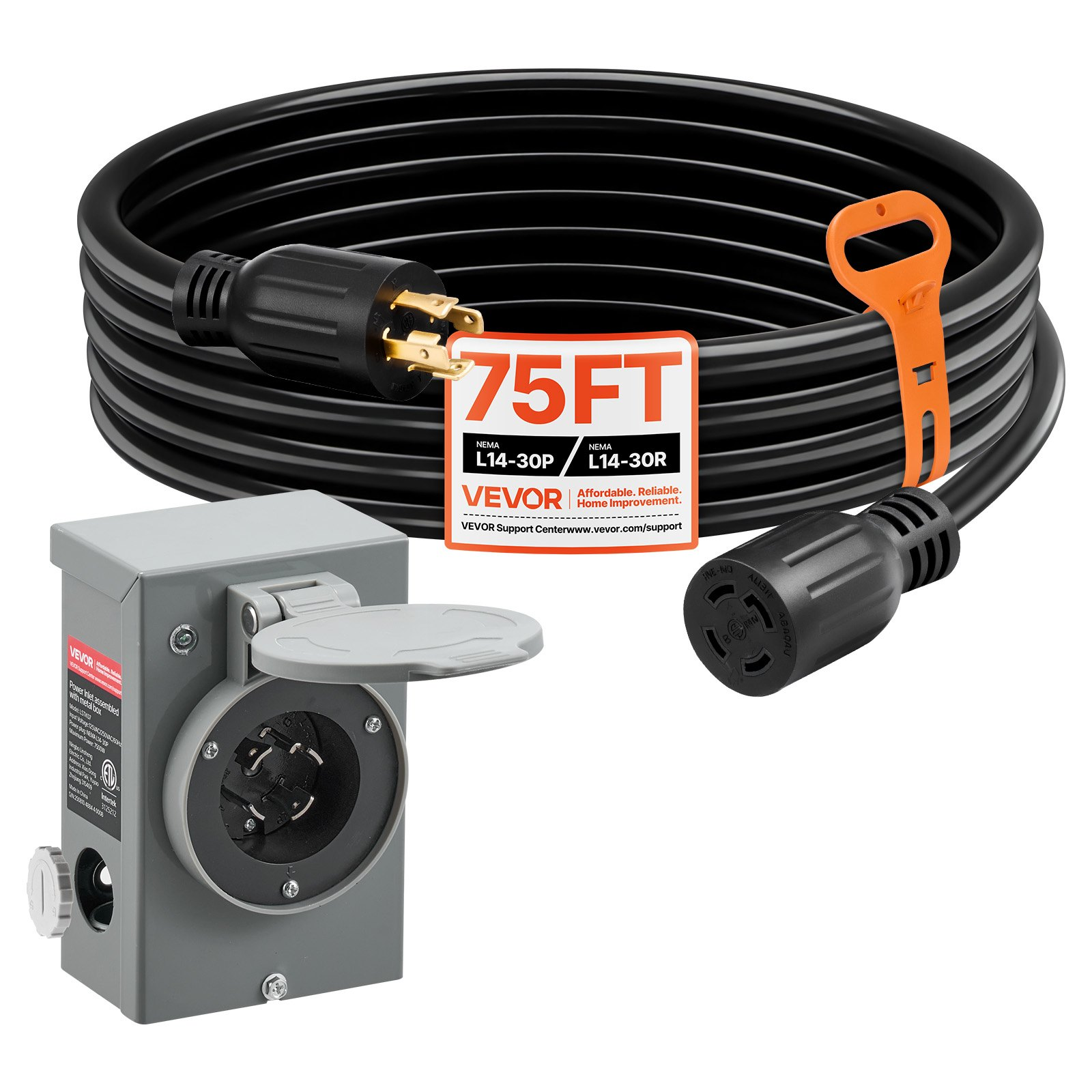 30A Generator Cord 75FT L14-30P/L14-30R 125/250V 10AWG 7500W w/Inlet Box ETL