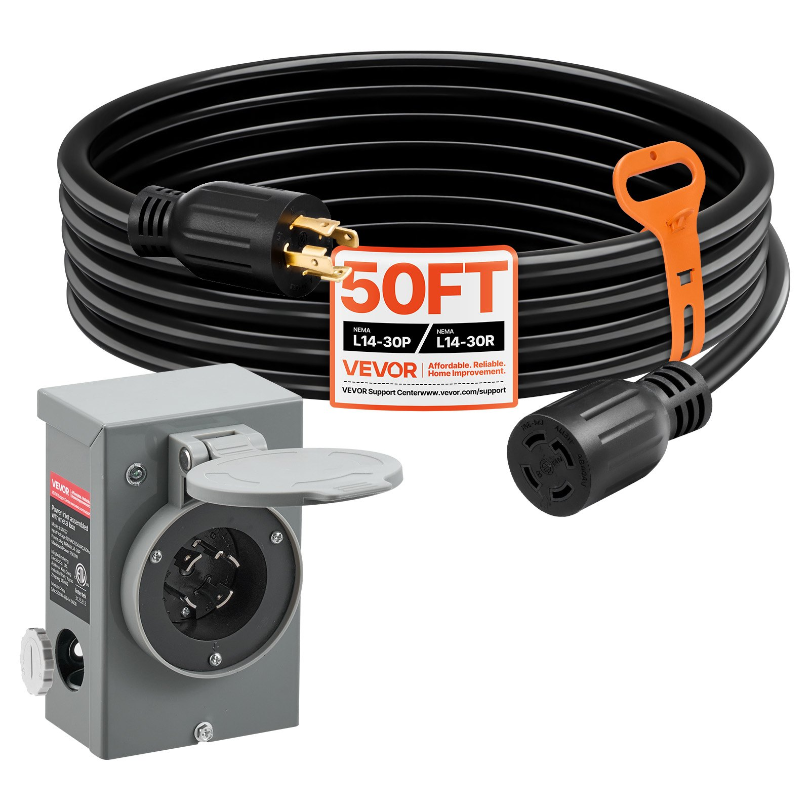 30A Generator Cord 50FT L14-30P/L14-30R 125/250V 10AWG 7500W w/Inlet Box ETL