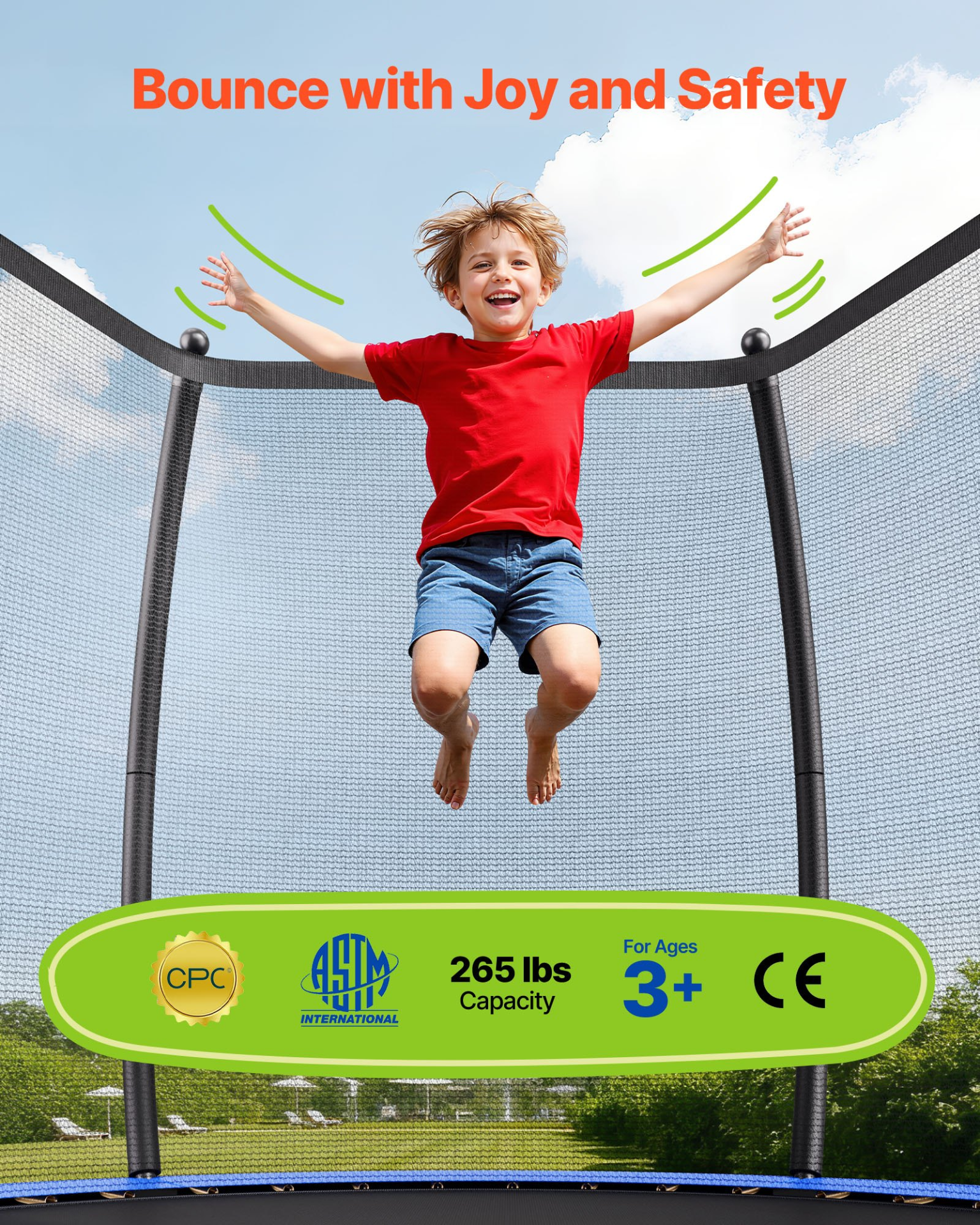 8FT Outdoor Trampoline w/Enclosure Net ASTM Approved 265LBS for Kids Adult 125
