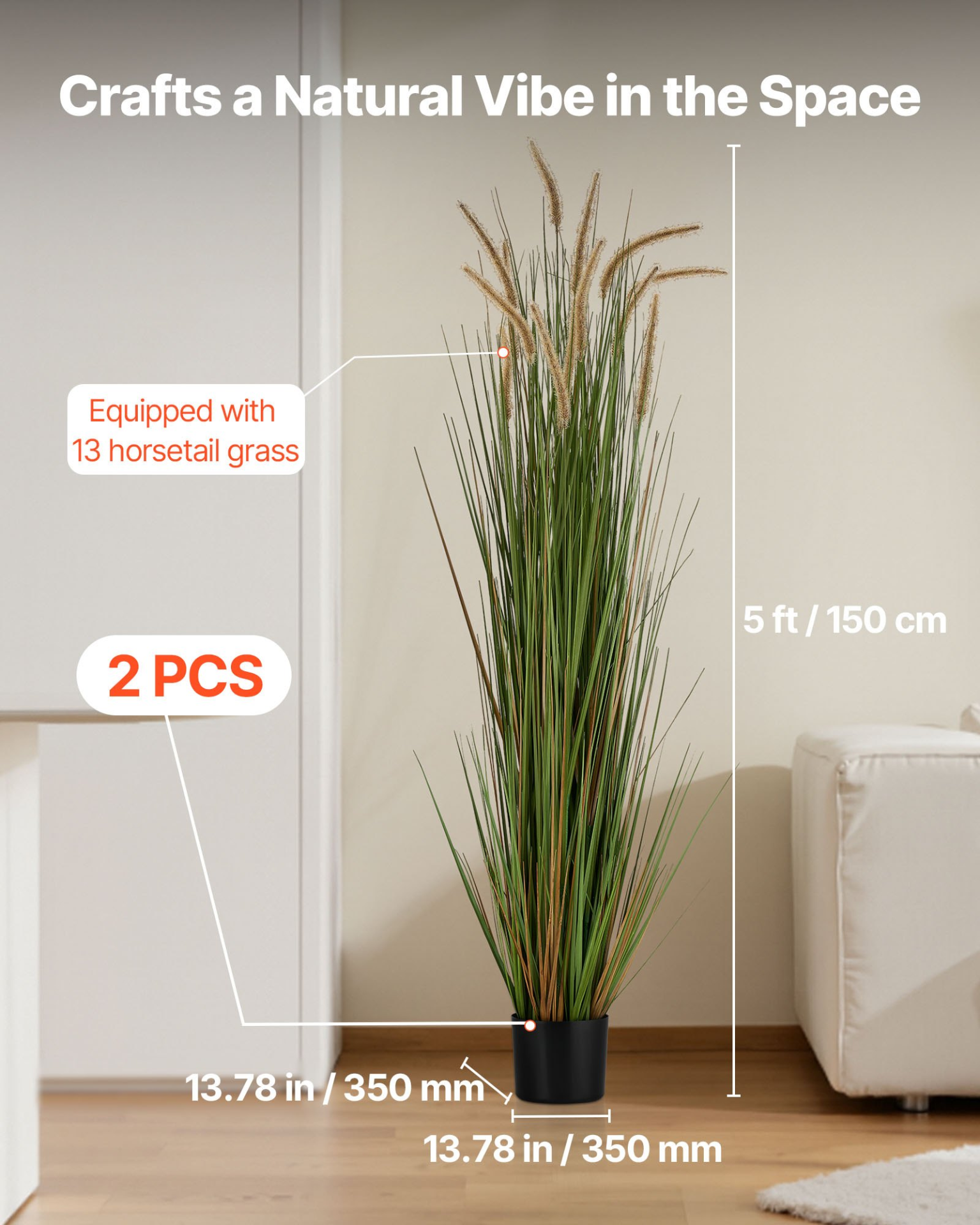 2-Pack 59″ Artificial Horsetail Reed Grass in Pots, Tall Fake Outdoor Plants