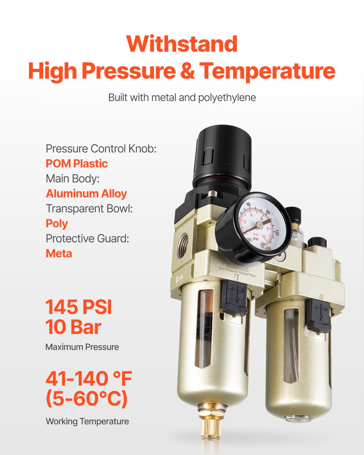 VEVOR 3/8" NPT Air FRL Unit: Filter, Regulator, Lubricator - Semi Auto Drain