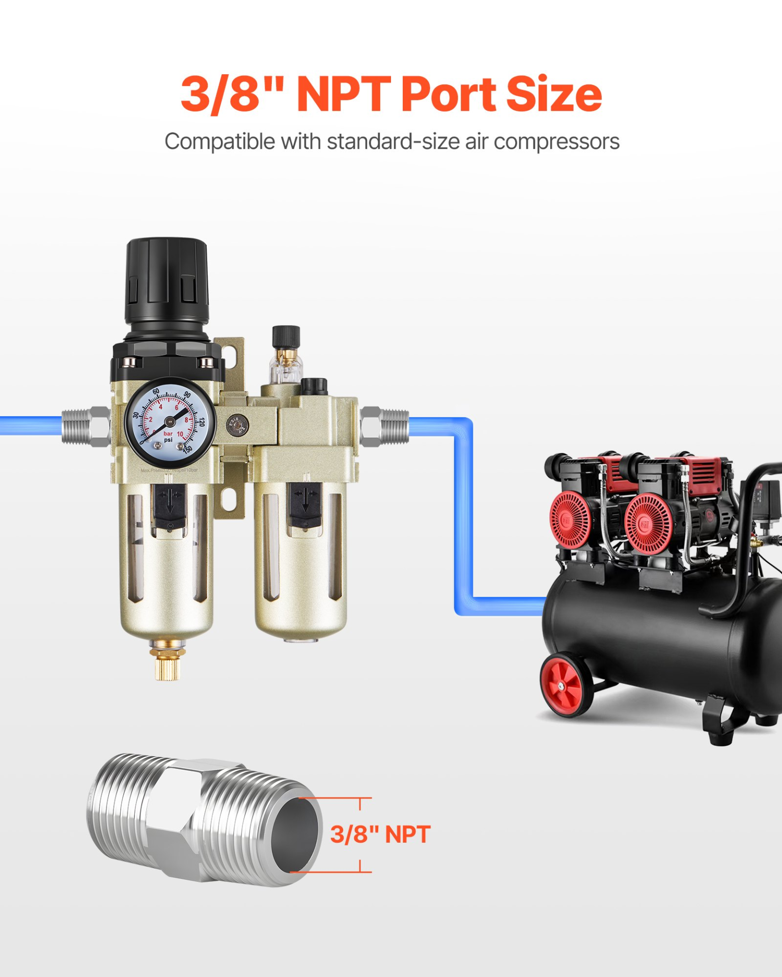 VEVOR 3/8" NPT Air FRL Unit: Filter, Regulator, Lubricator - Semi Auto Drain