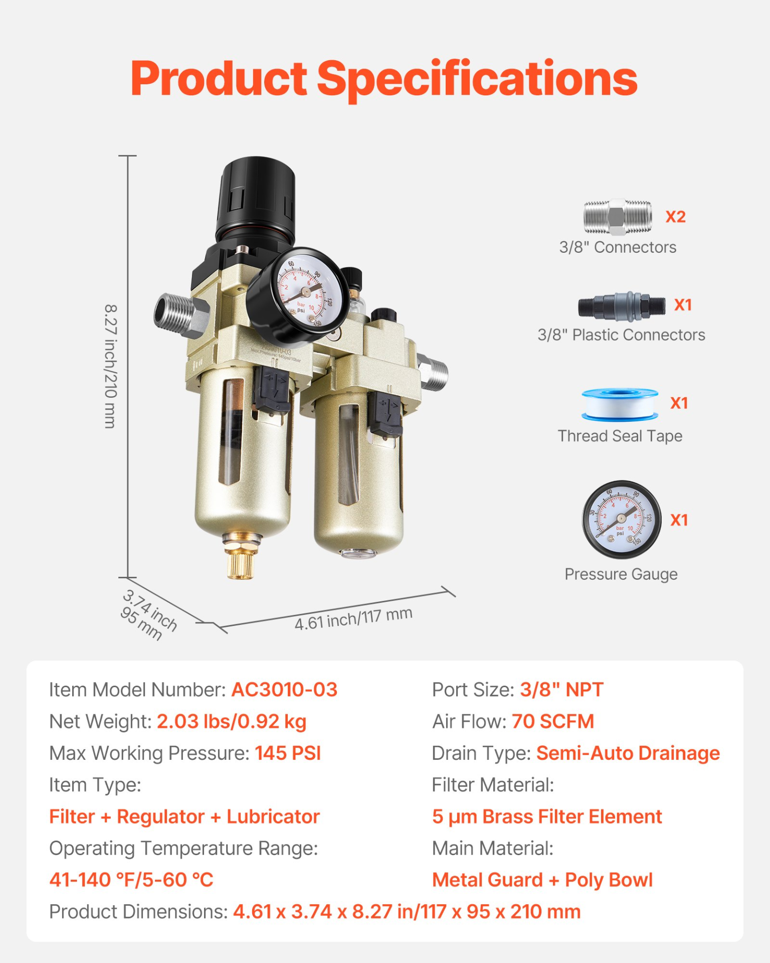 VEVOR 3/8" NPT Air FRL Unit: Filter, Regulator, Lubricator - Semi Auto Drain