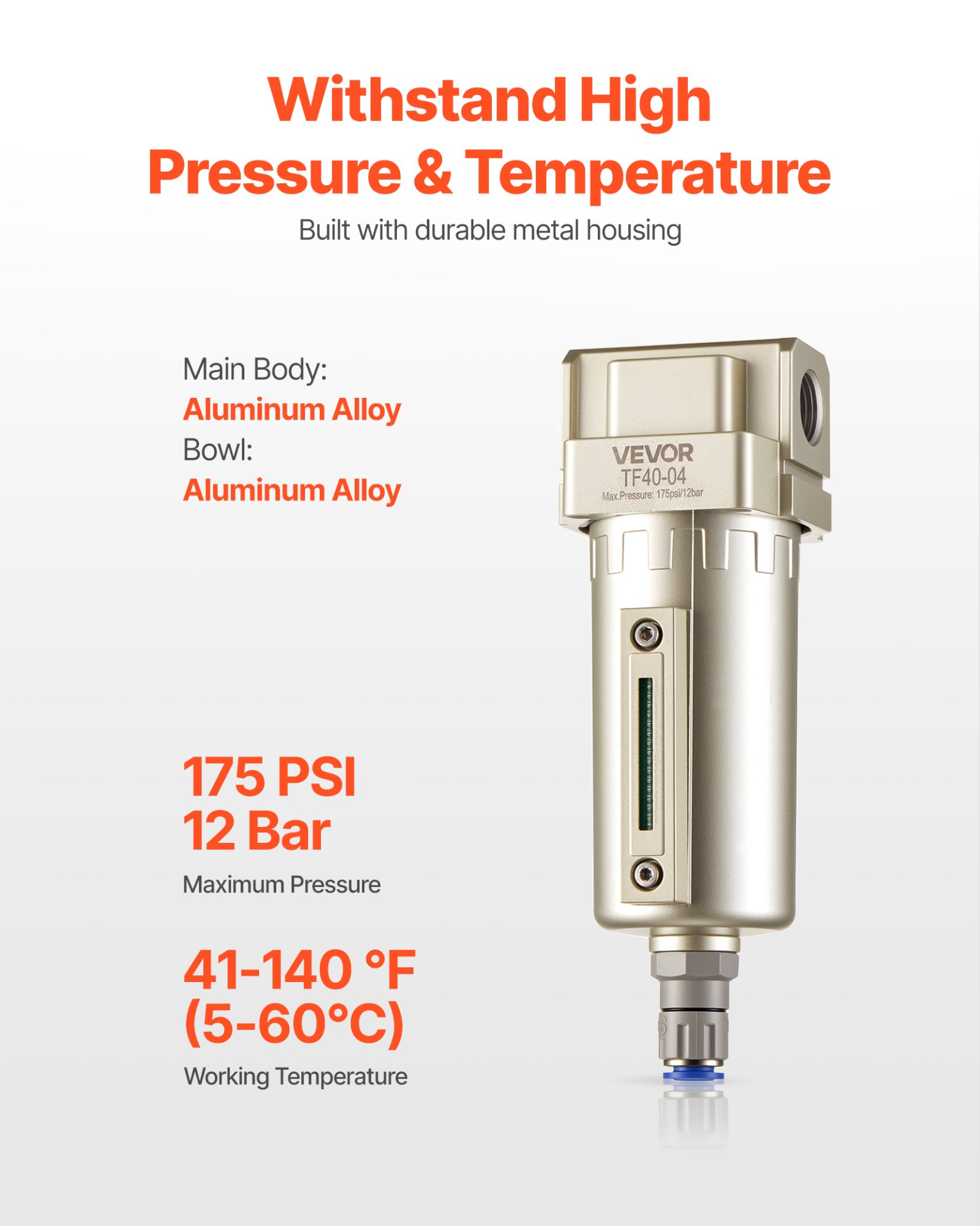 VEVOR 1/2" NPT Air Compressor Water Separator, 175PSI, Auto Drain, 5μm