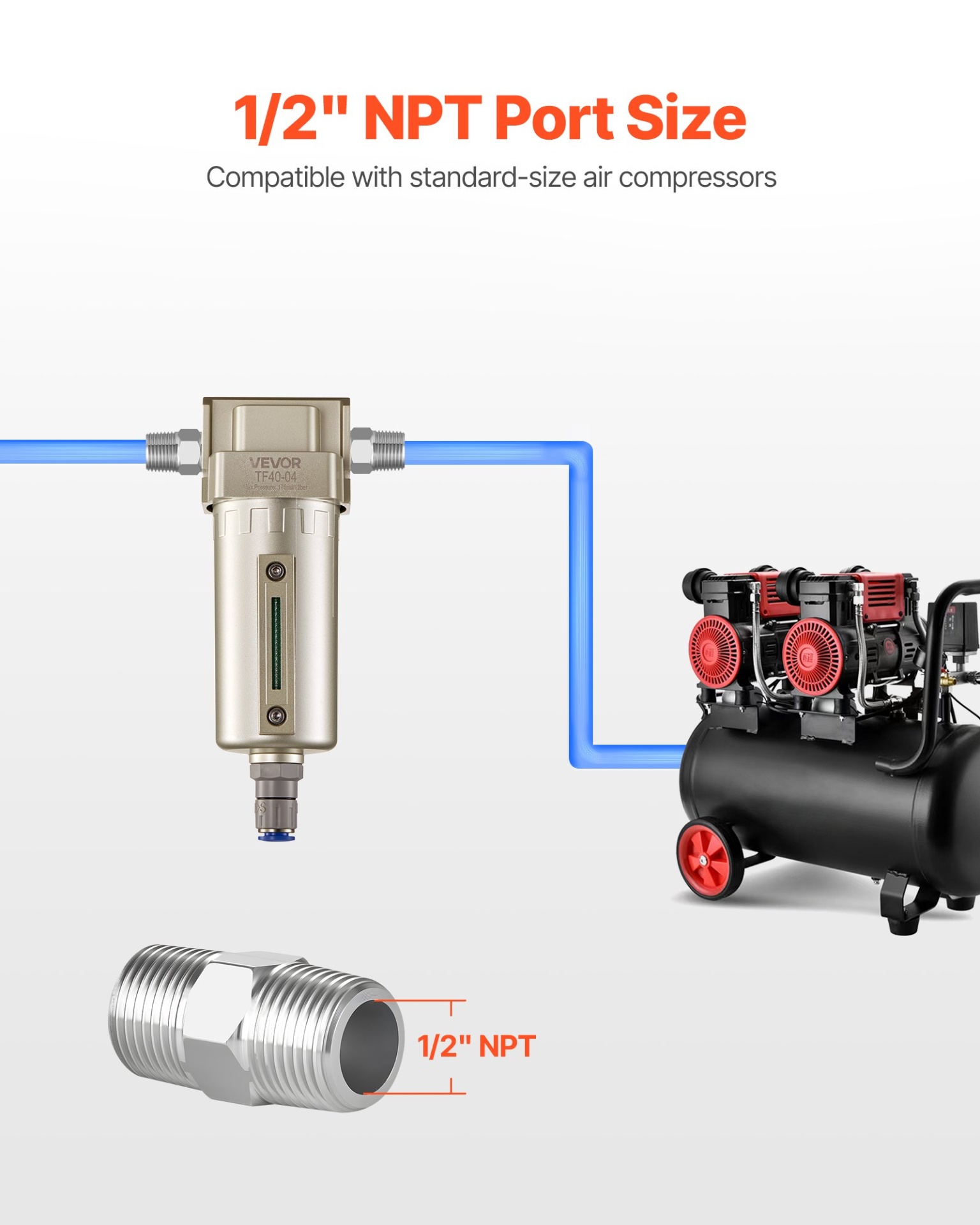 VEVOR 1/2" NPT Air Compressor Water Separator, 175PSI, Auto Drain, 5μm