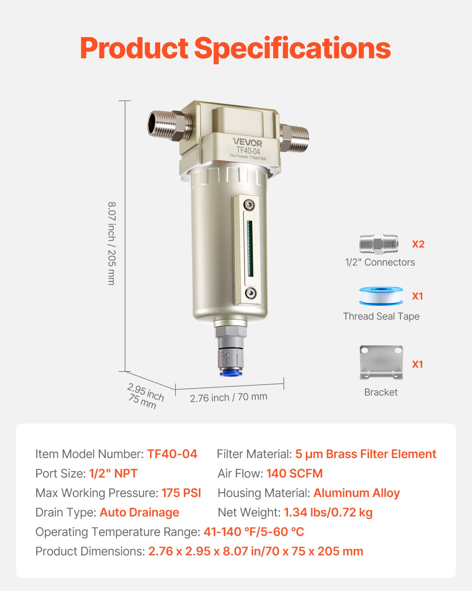 VEVOR 1/2" NPT Air Compressor Water Separator, 175PSI, Auto Drain, 5μm