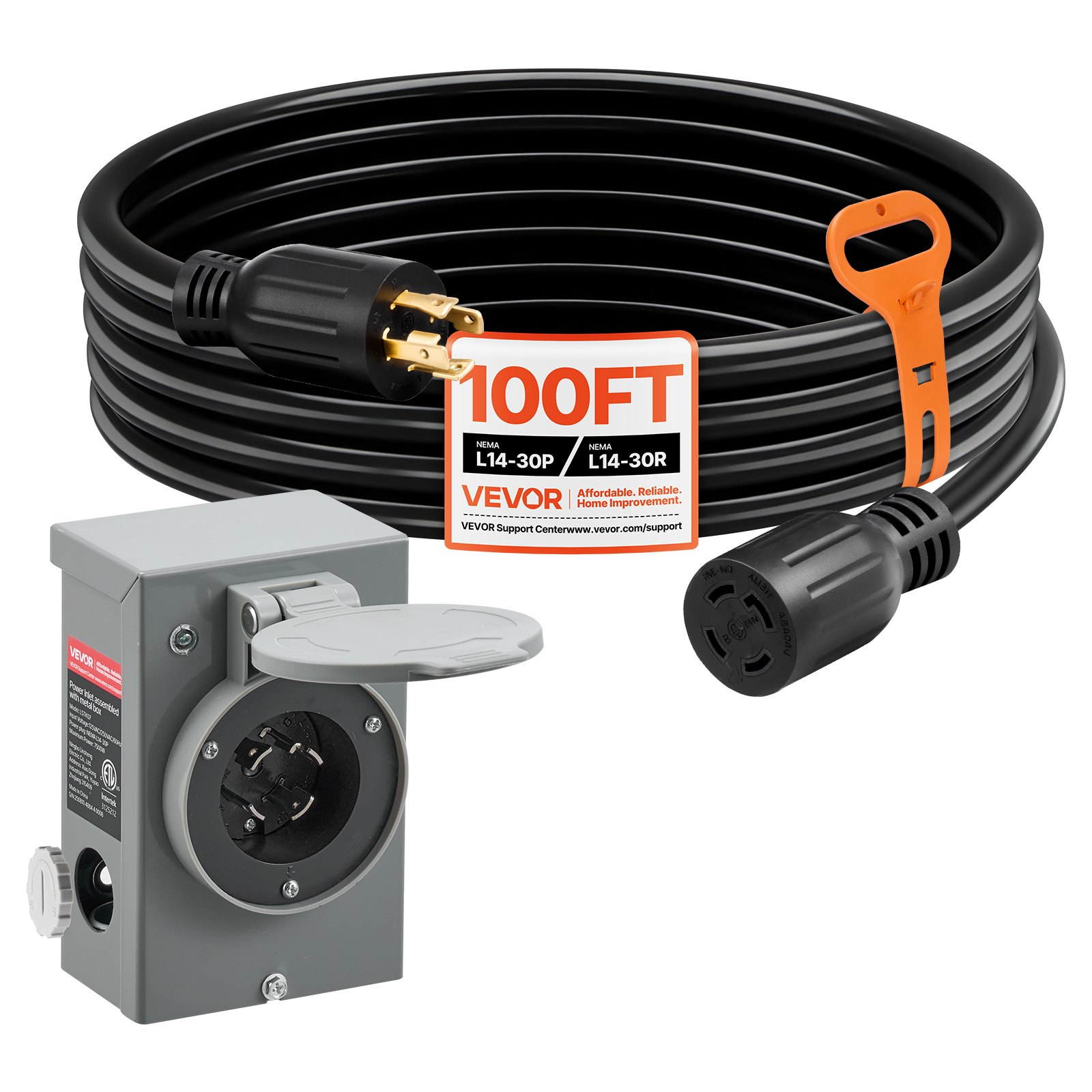 30A Generator Cord 100FT L14-30P/L14-30R 125/250V 10AWG 7500W w/Inlet Box ETL