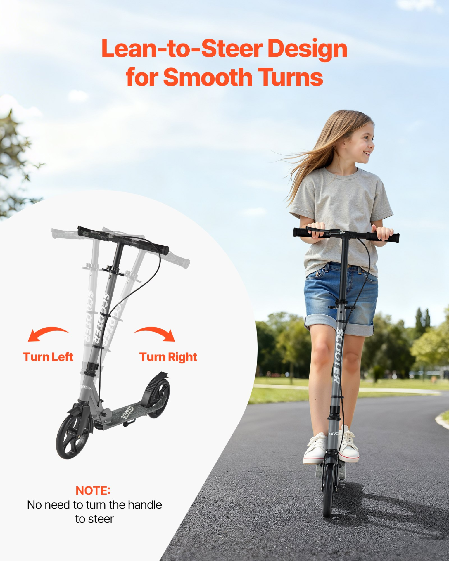 VEVOR 2-Wheel Kick Scooter, Adjustable for Kids & Adults, 220lb Capacity