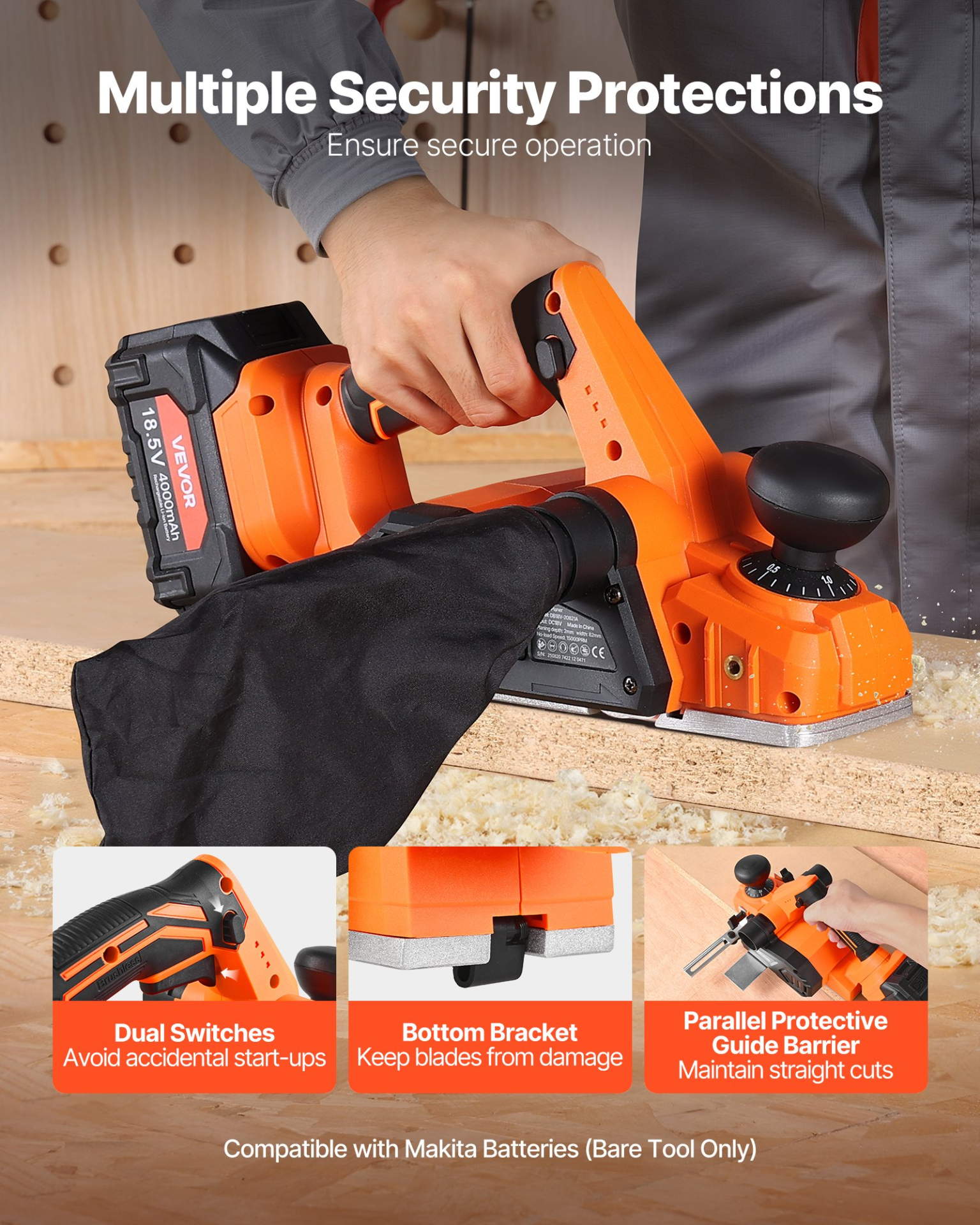 Benustra Cordless Handheld Planer – 15,000 RPM Brushless Motor, 3-1/4" Planing Width, 2mm Max Depth, For DeWalt 20V Batteries (Tool Only)